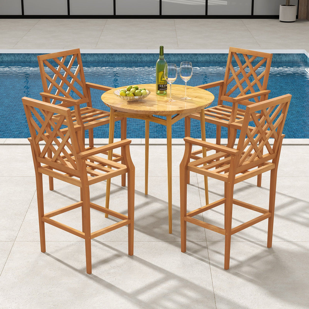 Taburete de bar de teca para patio, silla de exterior a la altura de la encimera con respaldo ergonómico