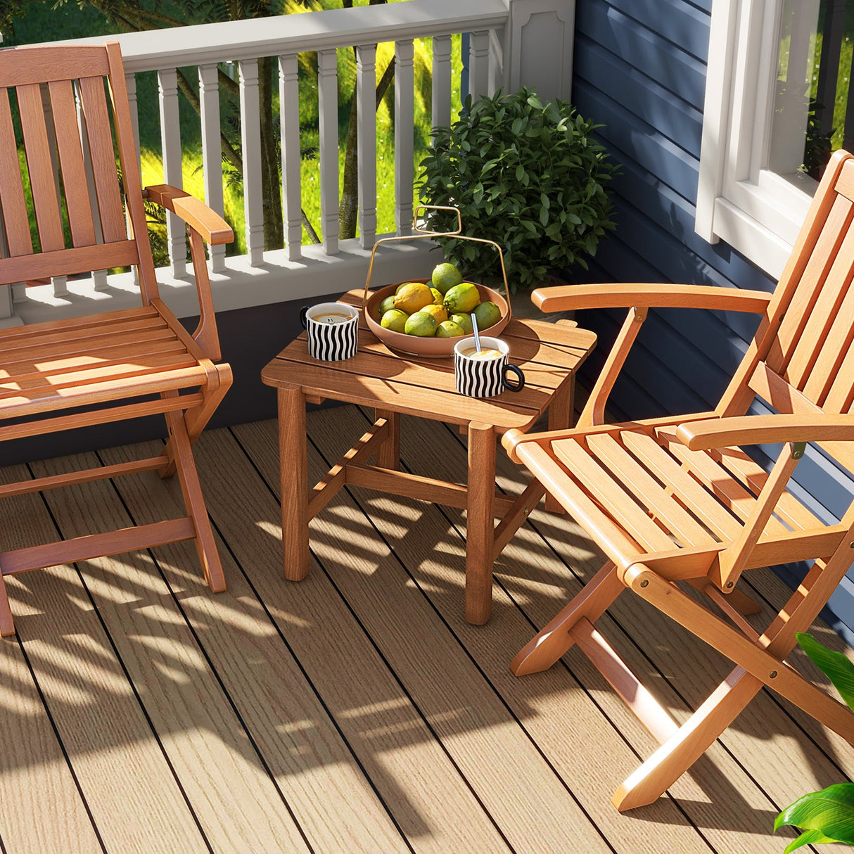 Mesa auxiliar de madera de teca para patio con tablero de listones para jardín