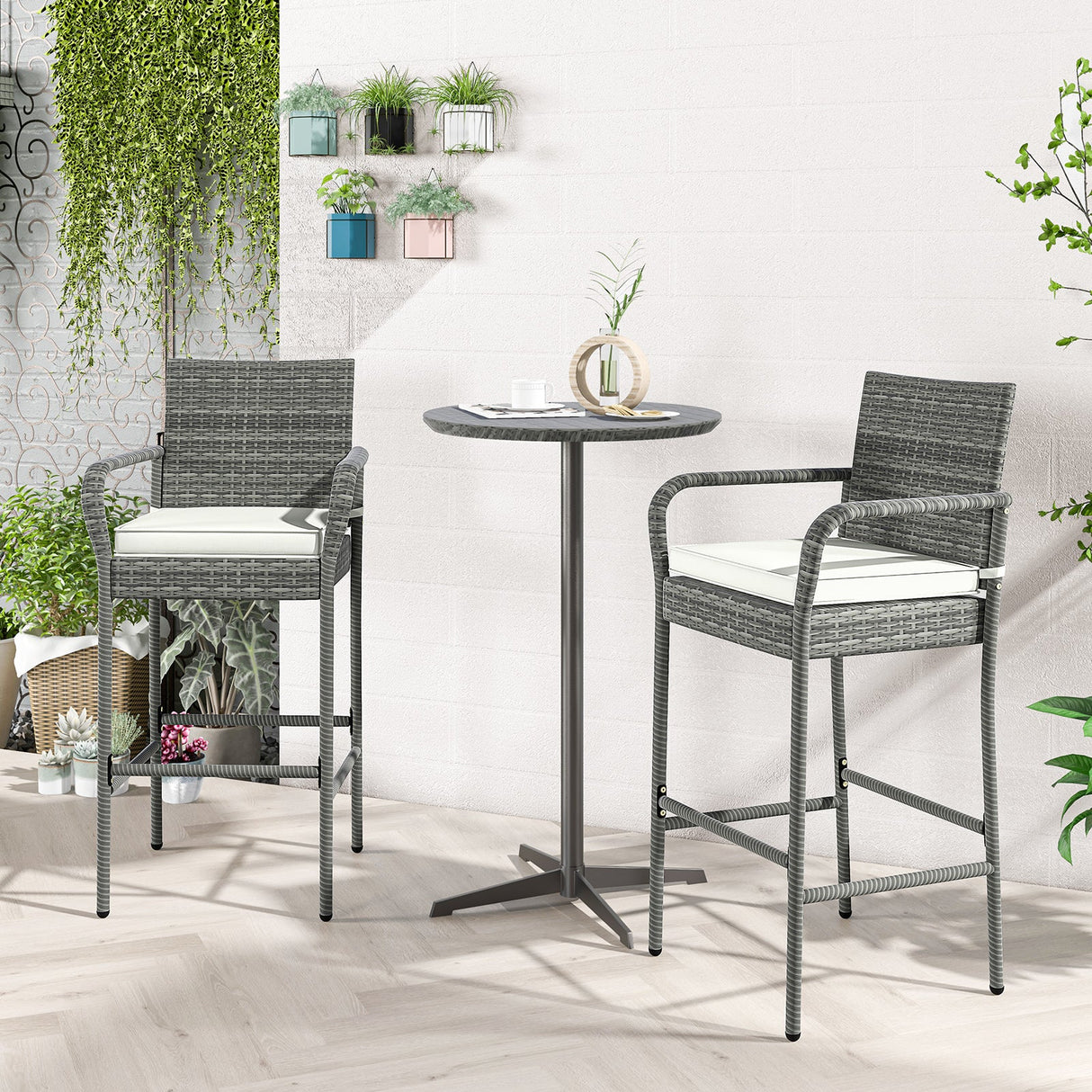 Taburetes de mimbre para patio con reposabrazos y cojines suaves para porche y jardín, juego de 2