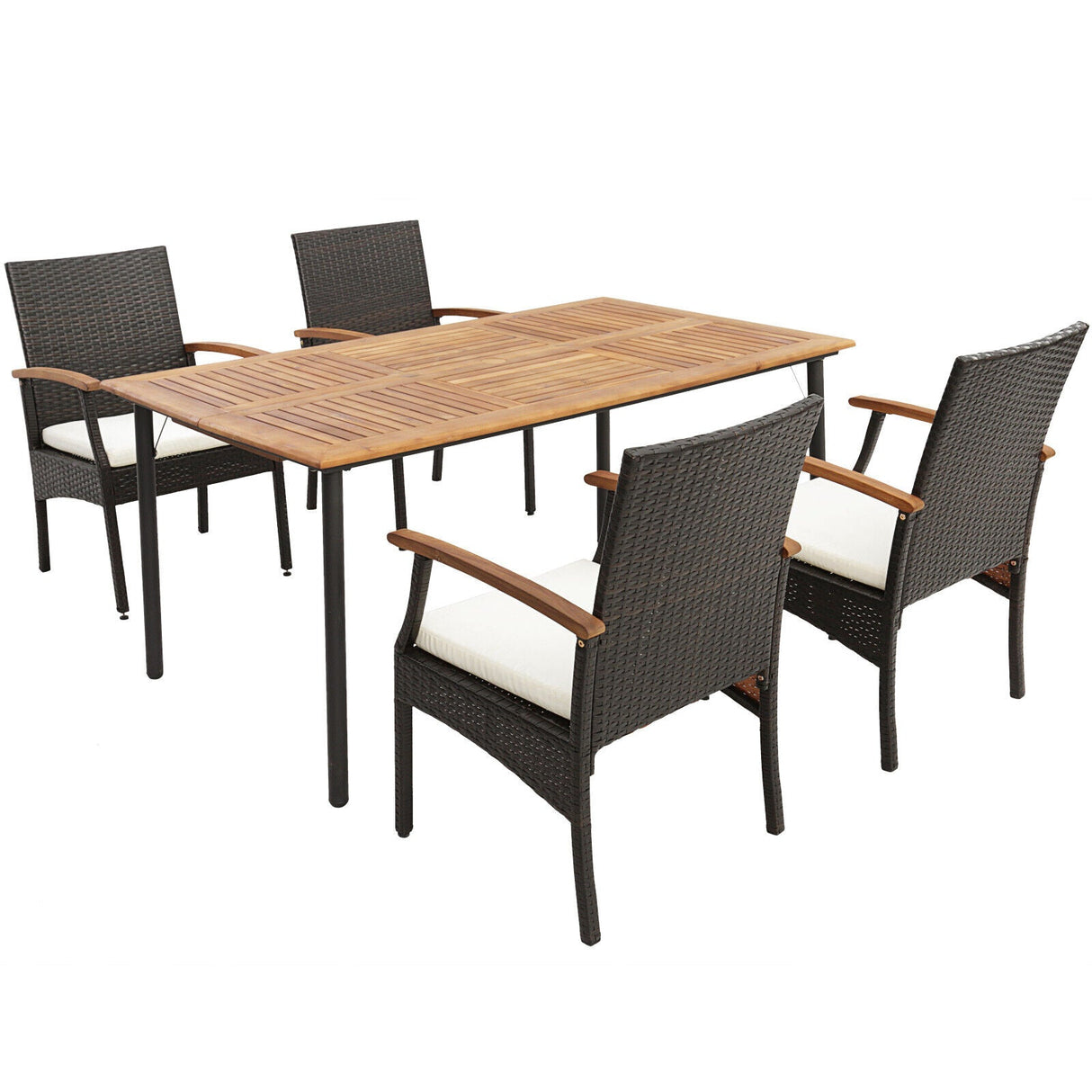 Juego de comedor de mimbre acolchado para patio de 5 piezas con reposabrazos de madera y orificio para sombrilla