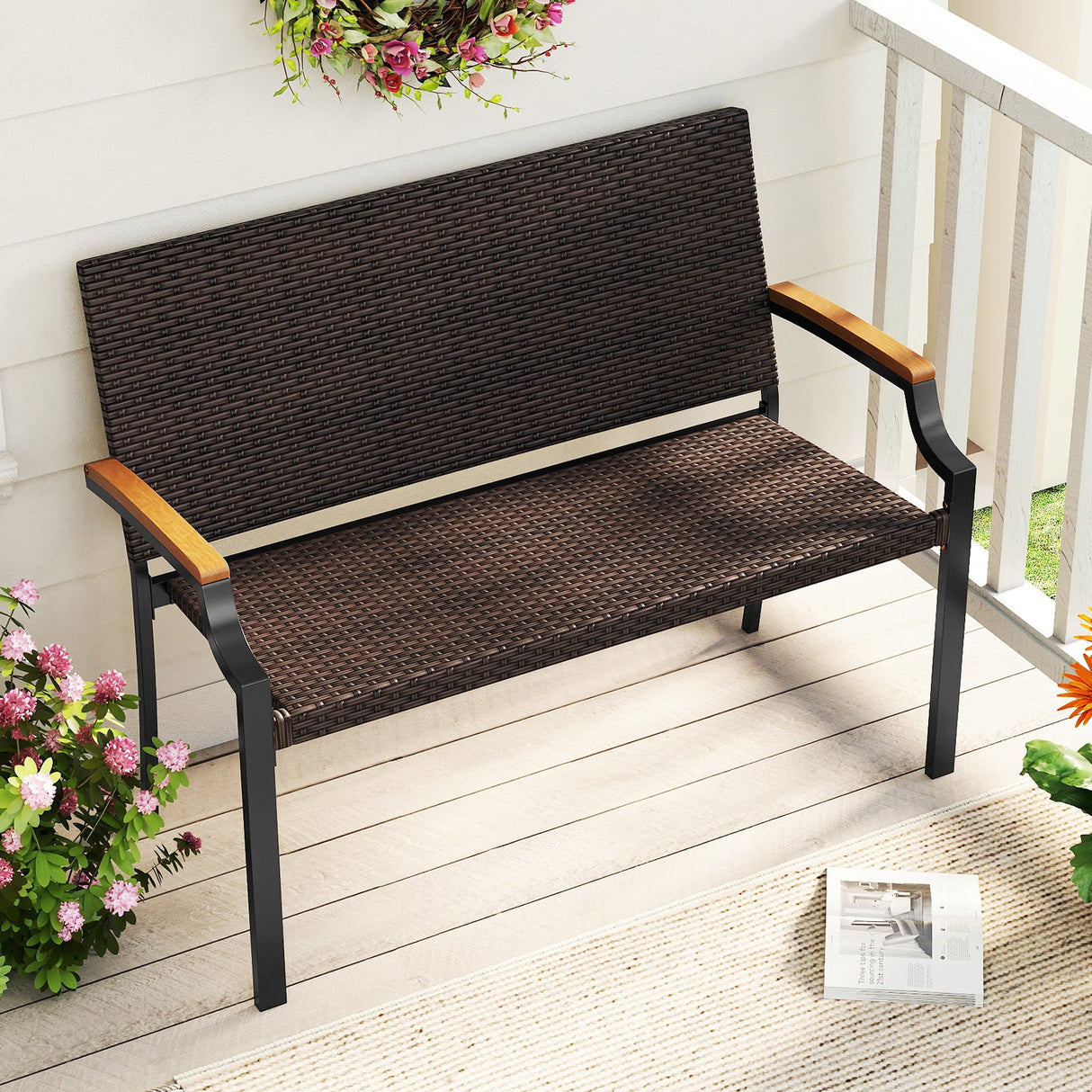 Sillón Loveseat de Mimbre para Patio con Reposabrazos de Madera de Acacia y Estructura de Metal