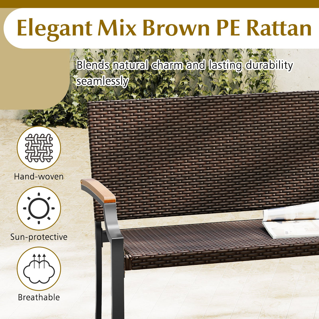 Sillón Loveseat de Mimbre para Patio con Reposabrazos de Madera de Acacia y Estructura de Metal