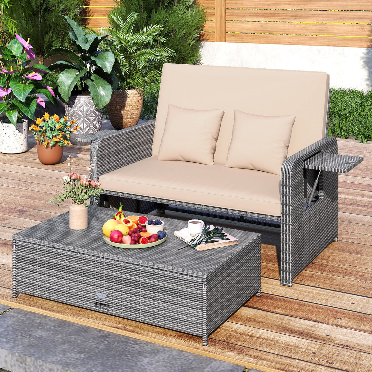 Sofá biplaza de mimbre para patio con otomana multiusos y bandeja lateral retráctil