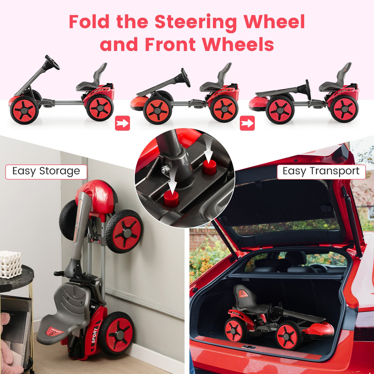 Coche de juguete de 4 ruedas a pedales con volante y asiento ajustables - Rojo