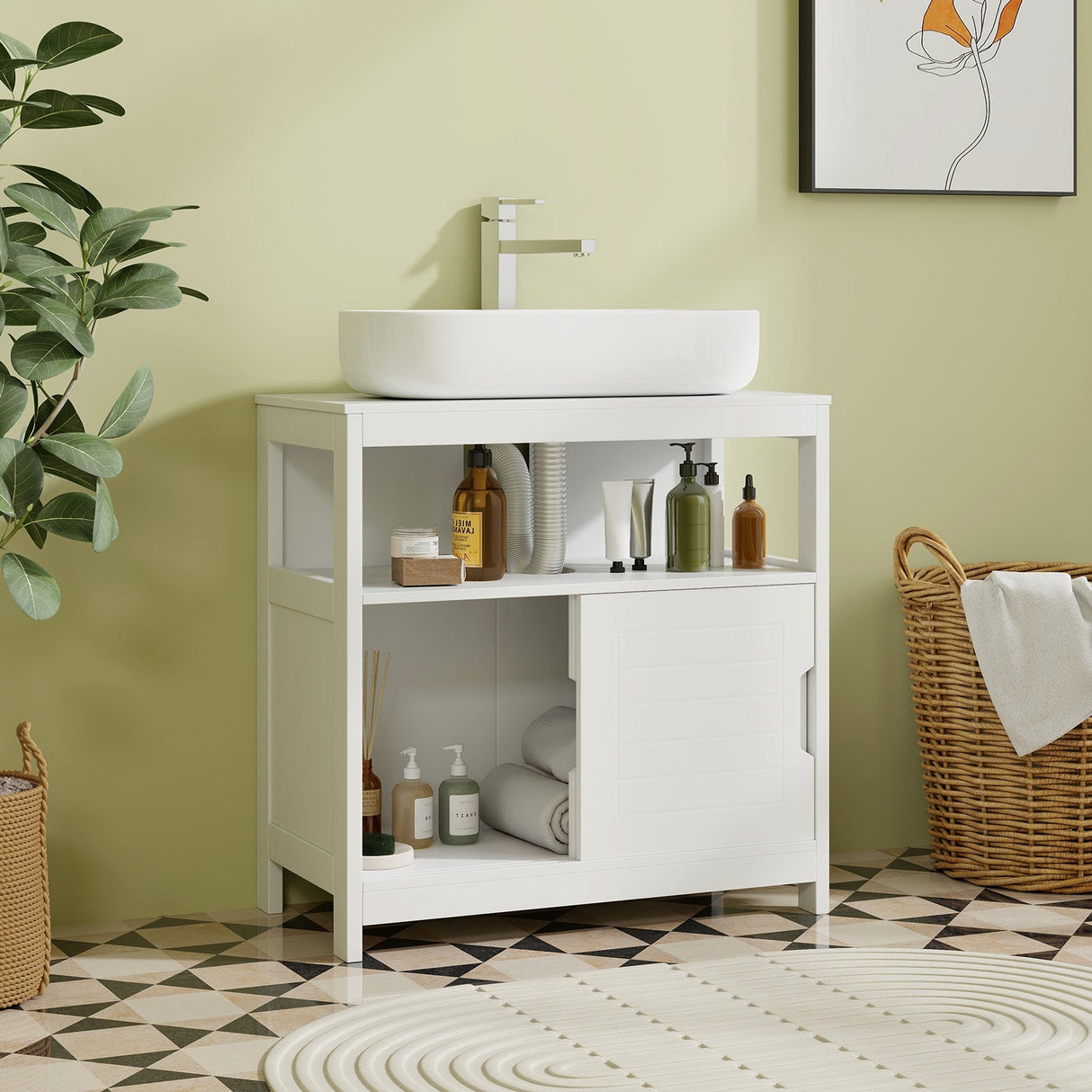 Mueble de almacenamiento para lavabo con pedestal, 2 puertas correderas y recorte en forma de U - Blanco