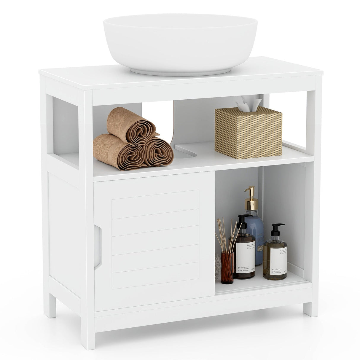 Mueble de almacenamiento para lavabo con pedestal, 2 puertas correderas y recorte en forma de U - Blanco