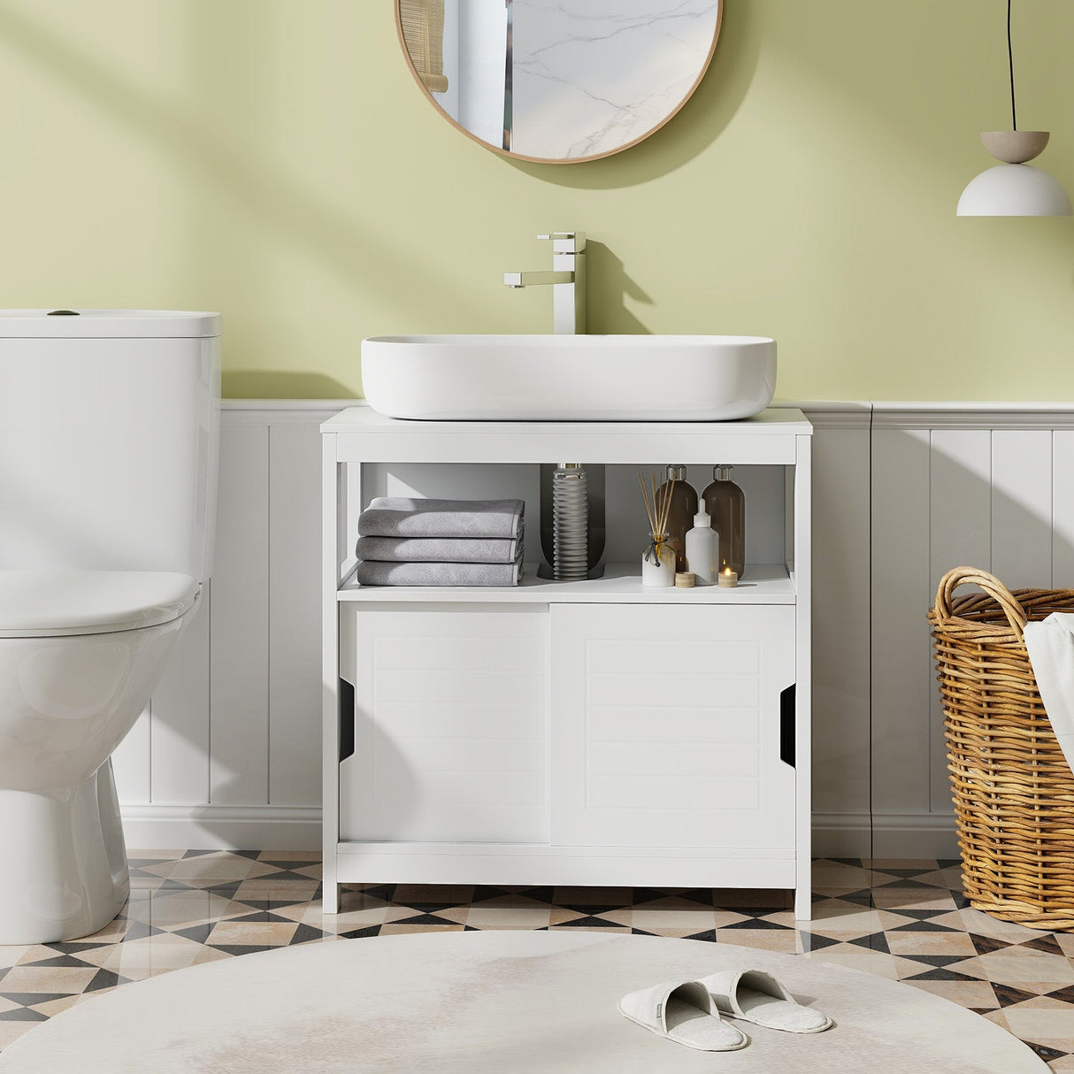 Mueble de almacenamiento para lavabo con pedestal, 2 puertas correderas y recorte en forma de U - Blanco
