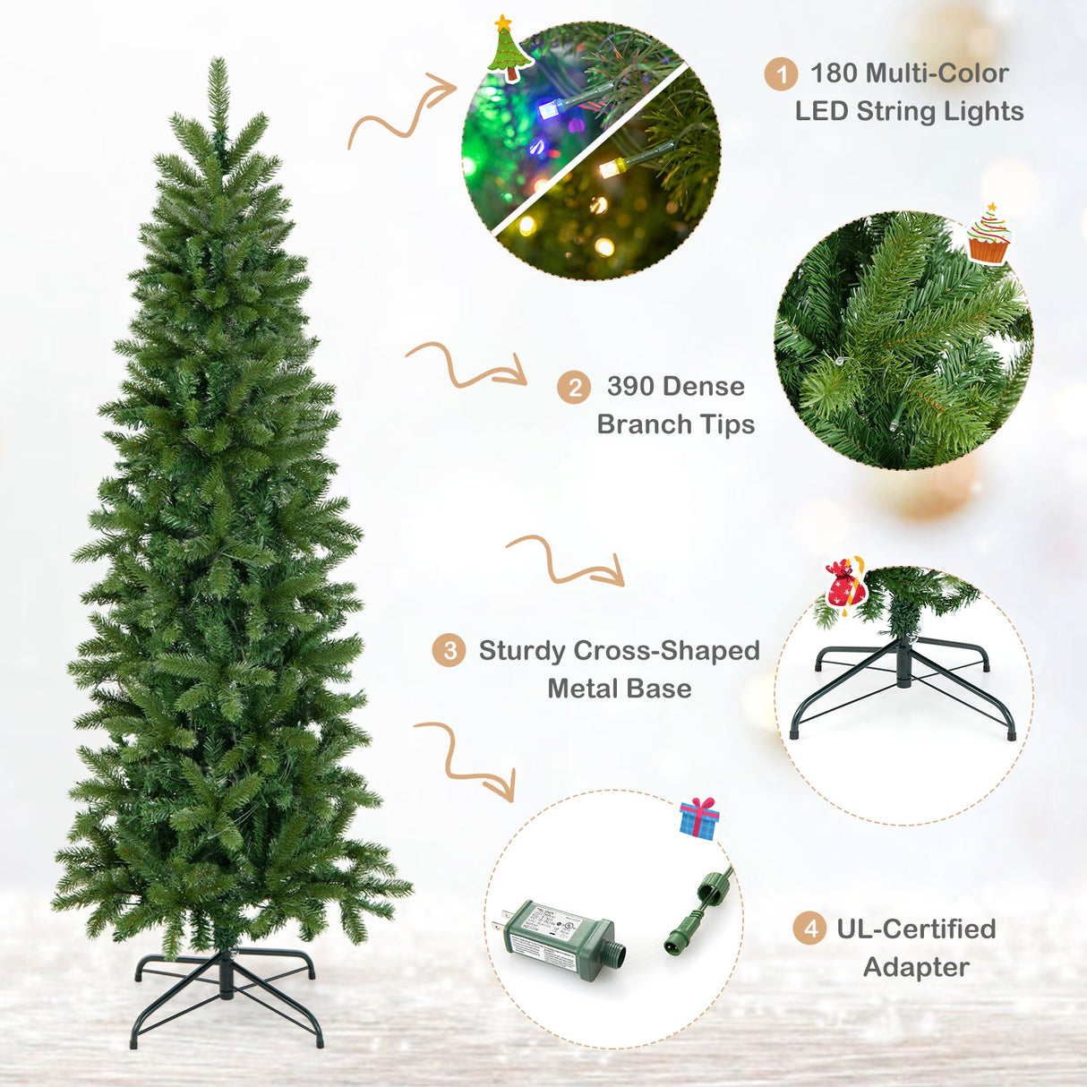 Árbol de Navidad estrecho con 180 luces LED cálidas y multicolor