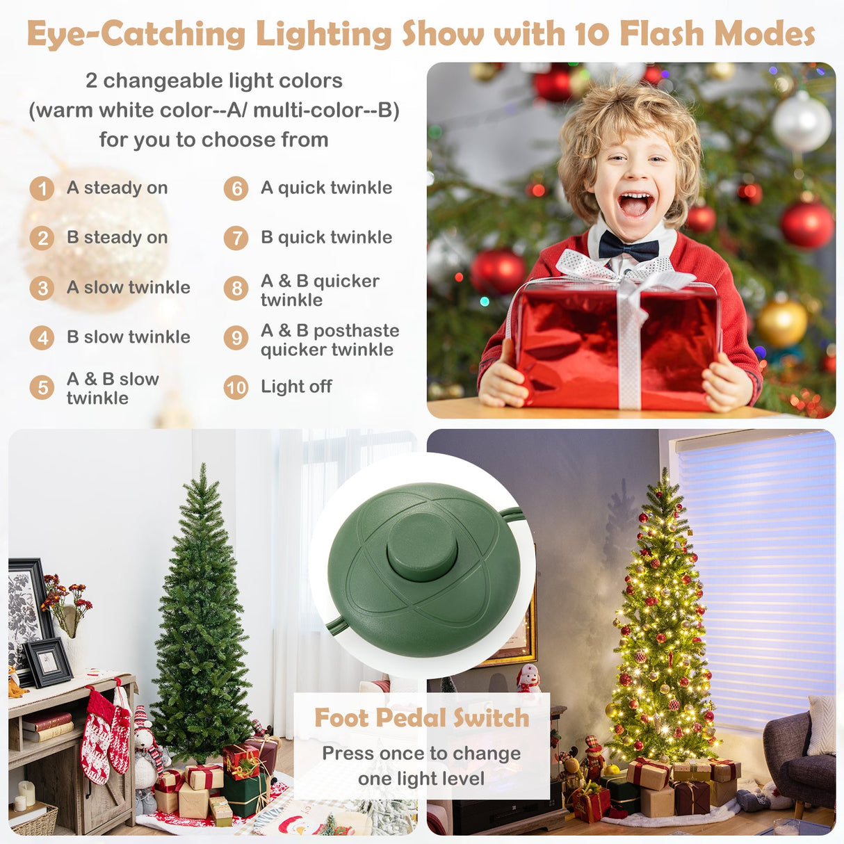 Árbol de Navidad estrecho con 180 luces LED cálidas y multicolor