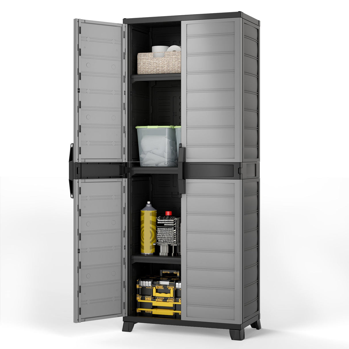 Gabinete de almacenamiento de plástico con puertas y 3 estantes ajustables, con cerradura
