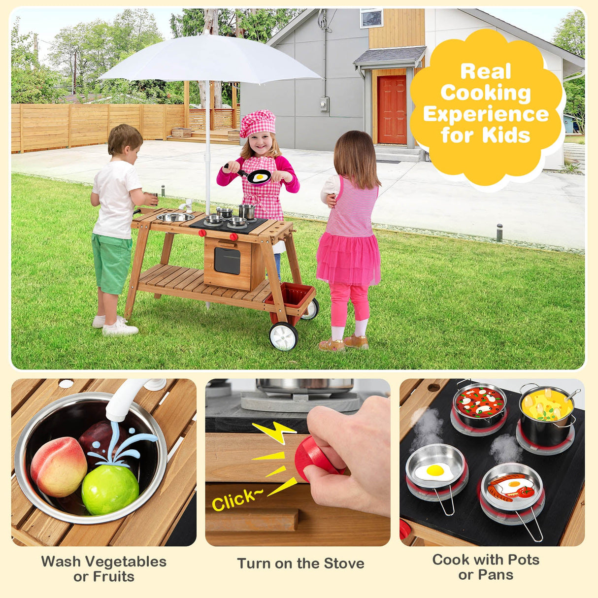 Wooden Play Cart with Sun Proof Umbrella for Toddlers Over 3 Years Old