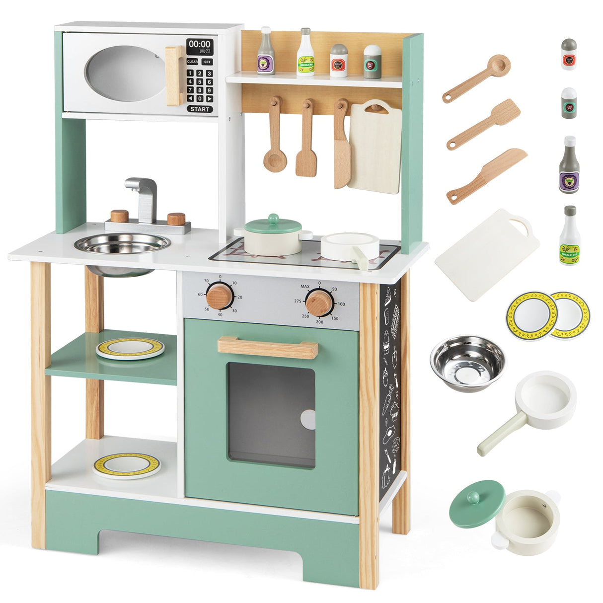 Cocina de juguete de madera, juego de cocina con pizarra, regalo de cumpleaños para niños a partir de 3 años.