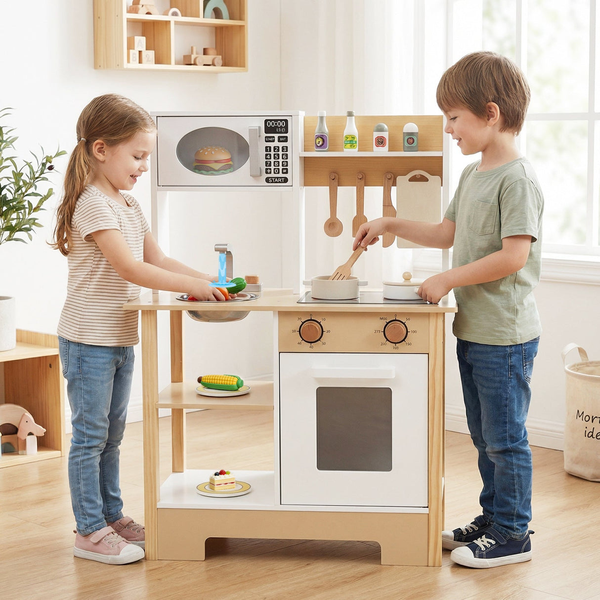 Cocina de juguete de madera, juego de cocina con pizarra, regalo de cumpleaños para niños a partir de 3 años.
