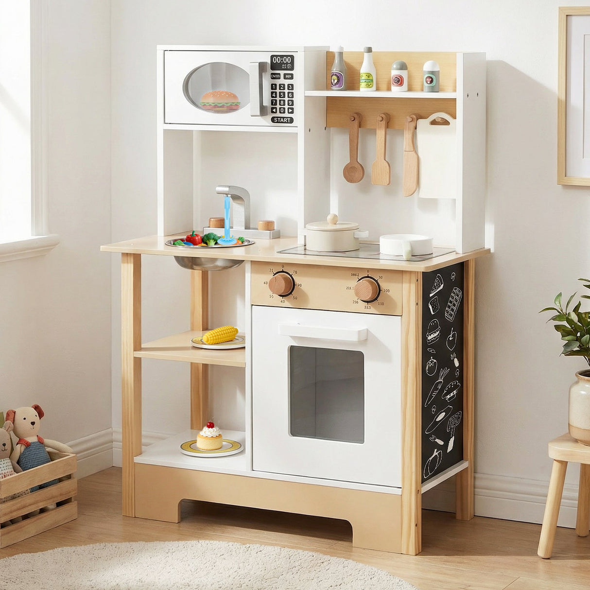 Cocina de juguete de madera, juego de cocina con pizarra, regalo de cumpleaños para niños a partir de 3 años.