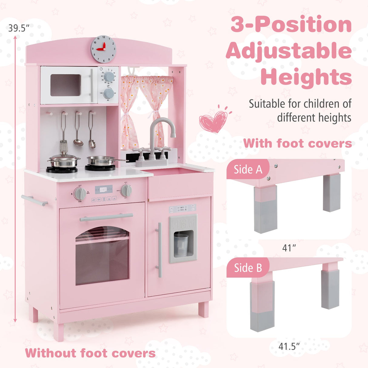Play Kitchen for Kids Wooden Chef Pretend Playset with 3 Adjustable Heights Microwave