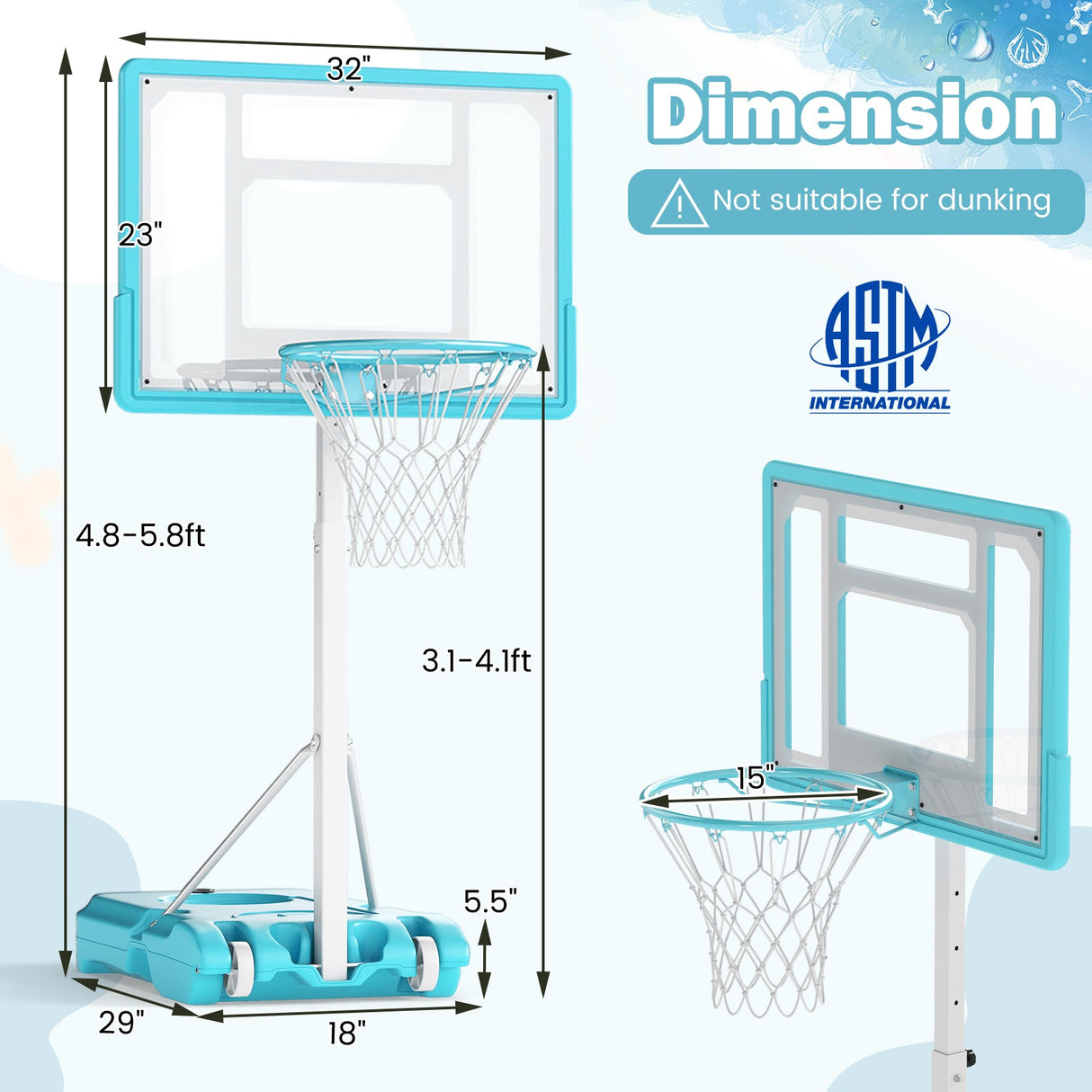 Canasta de baloncesto de piscina, portátil, con tablero inastillable - Blanca