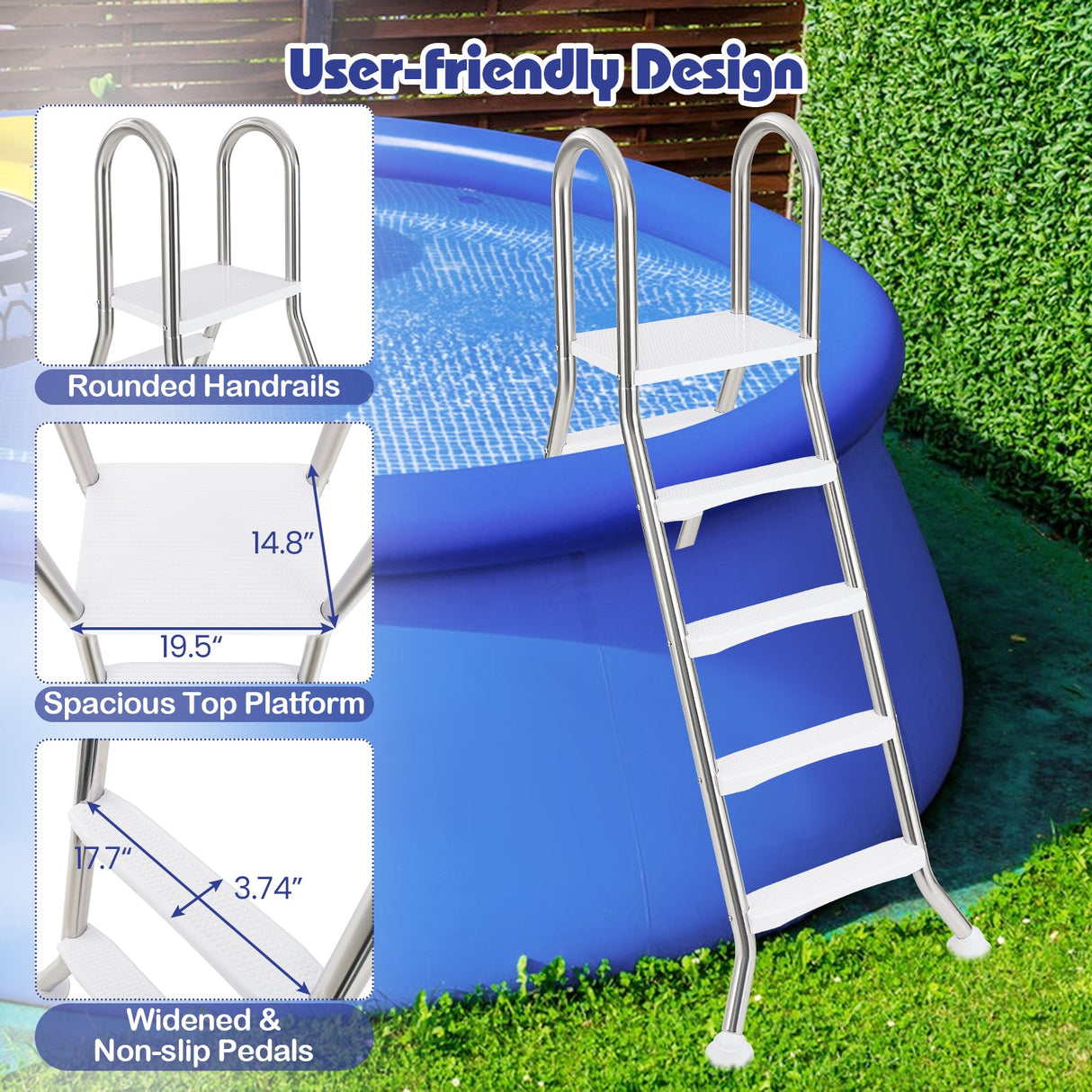 Escalera de piscina elevada A-Frame de 75.6" Escalera de piscina de 4 peldaños para alturas de pared de piscina de hasta 55"