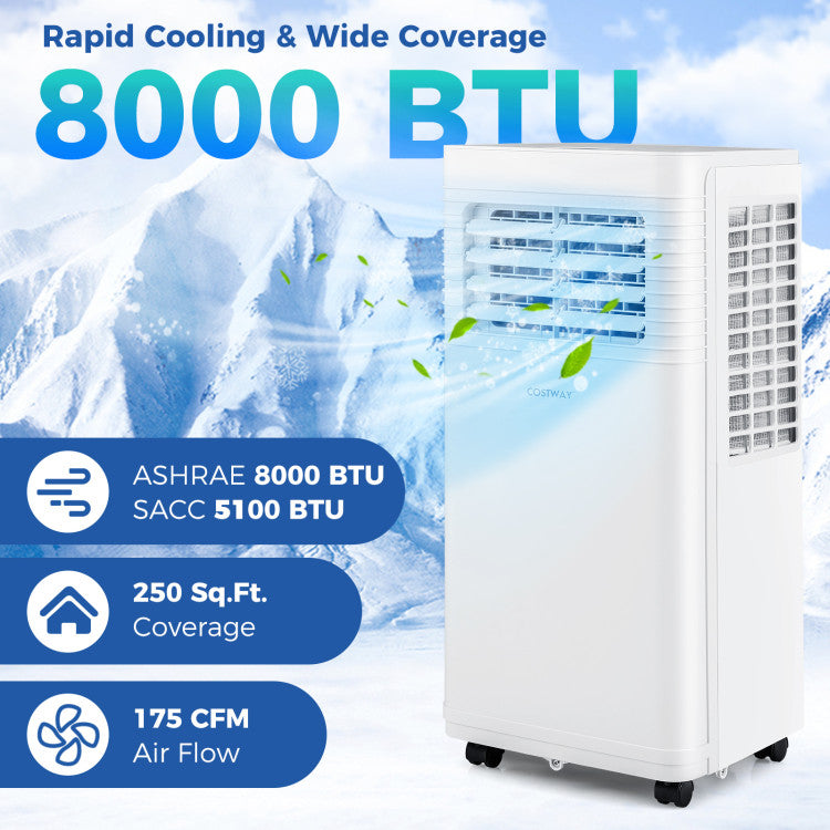Aire Acondicionado Portátil de 8000 BTU, Unidad de CA 3 en 1 con Ventilador y Deshumidificador