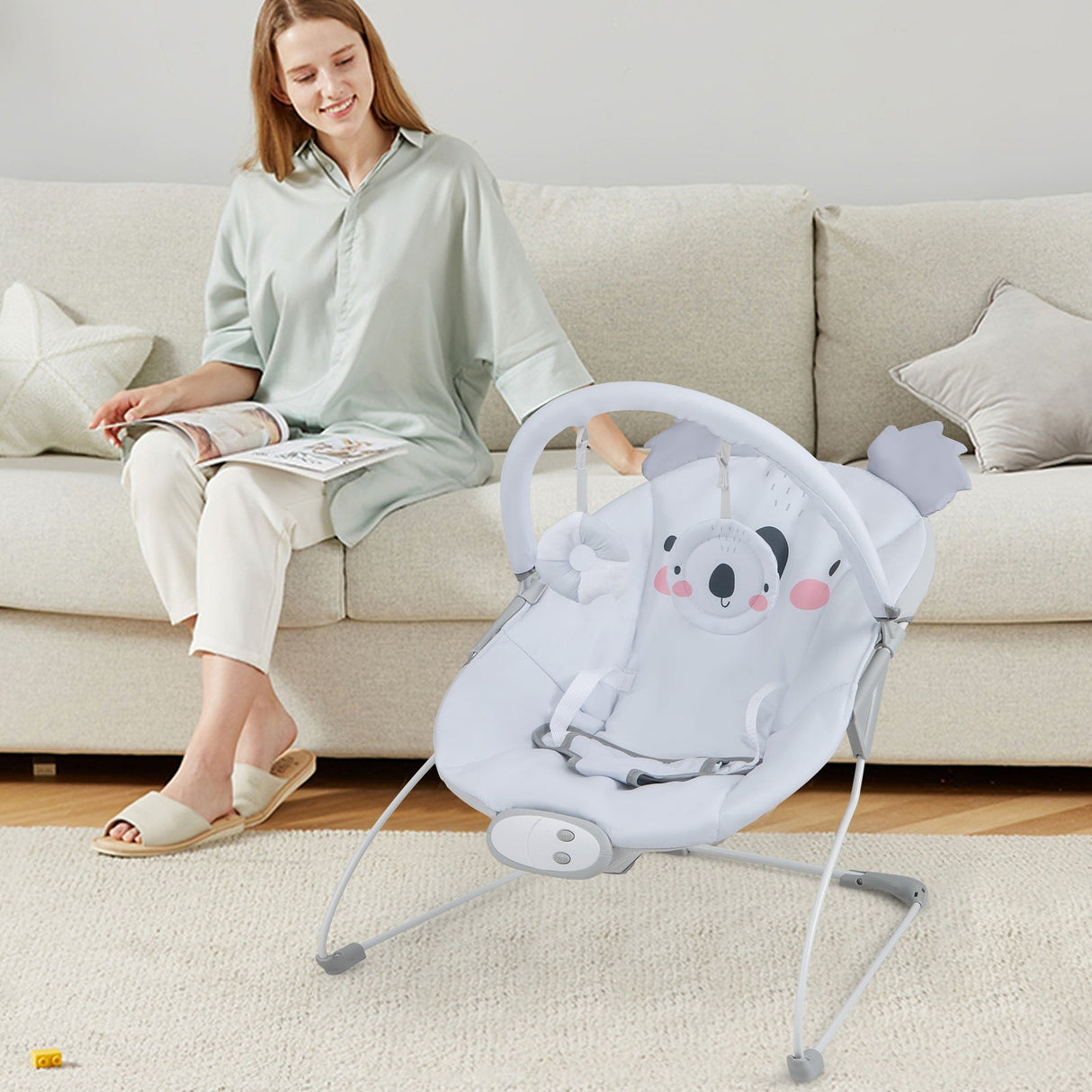 Hamaca vibradora portátil para bebé con barra de juguetes desmontable - Gris