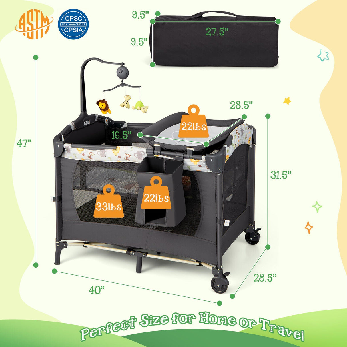 Corral de bebé portátil convertible 3 en 1 con caja de música, ruedas y frenos