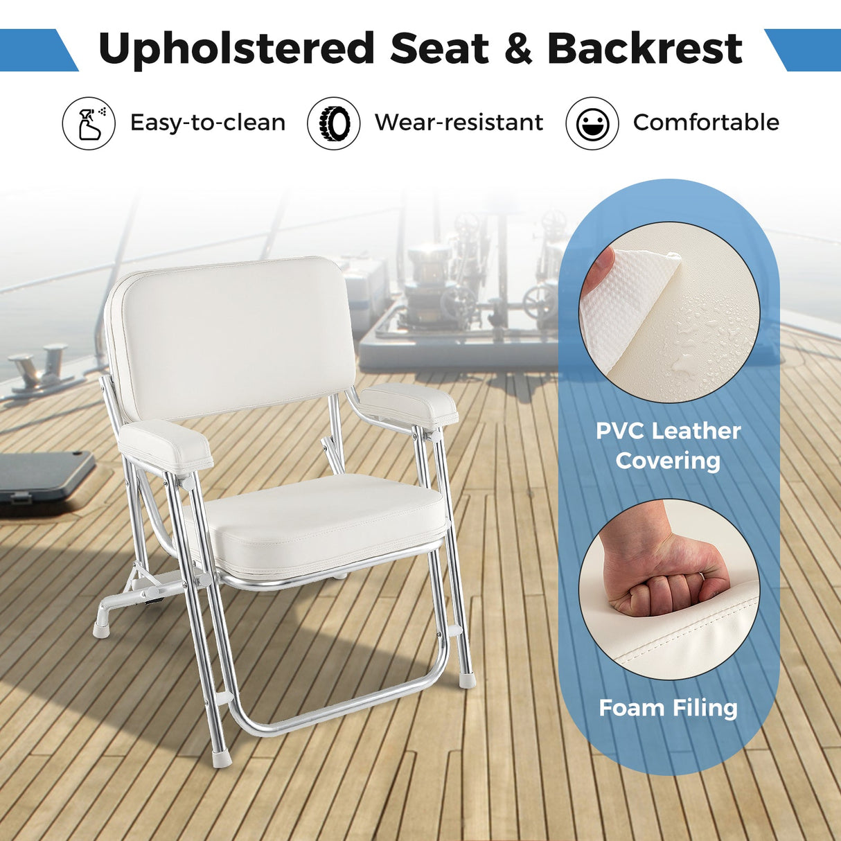 Silla de playa portátil de aluminio para cubierta de barco con asiento acolchado - Blanca