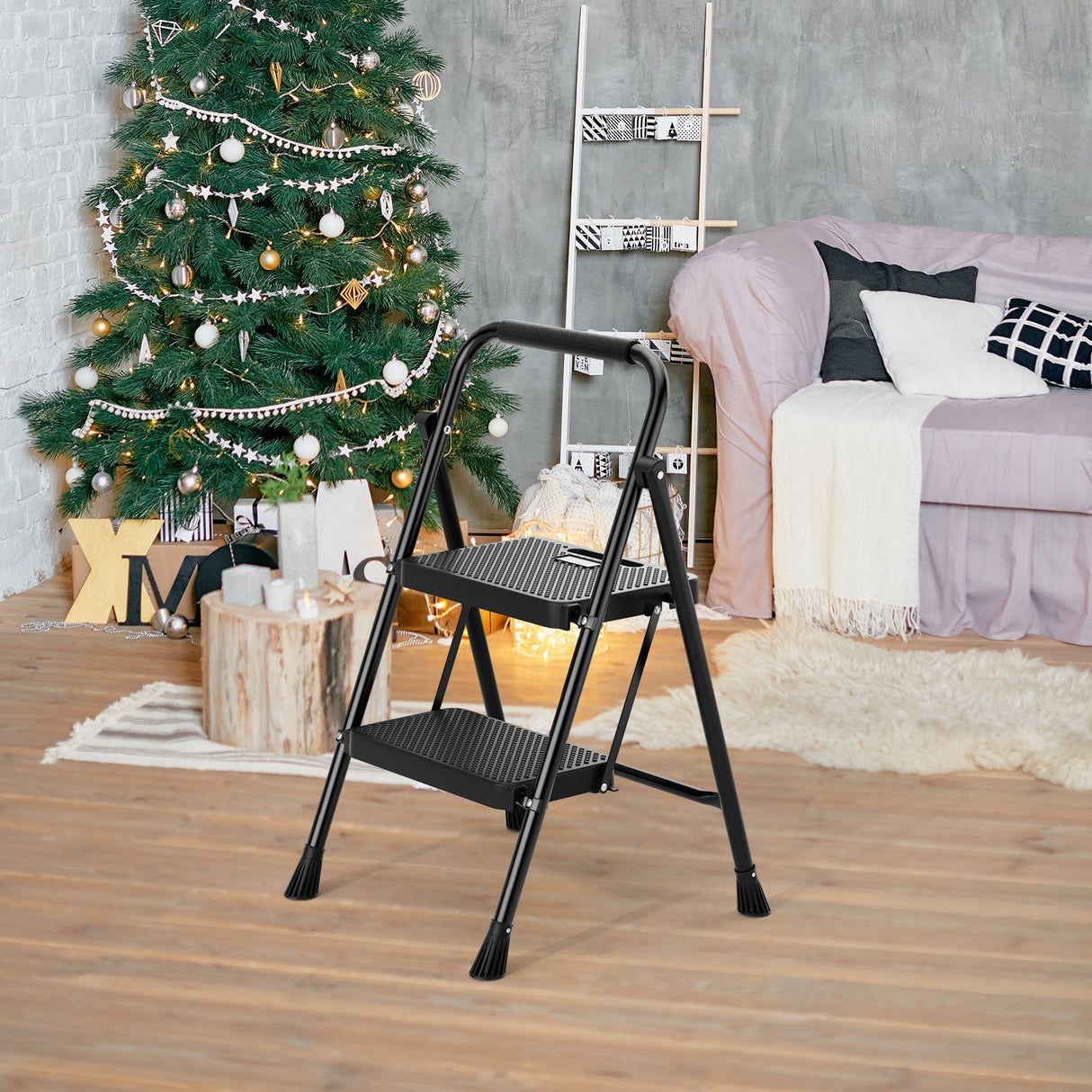 Escalera Plegable Portátil de 2 Peldaños con Pedal Ancho Antideslizante - Negro