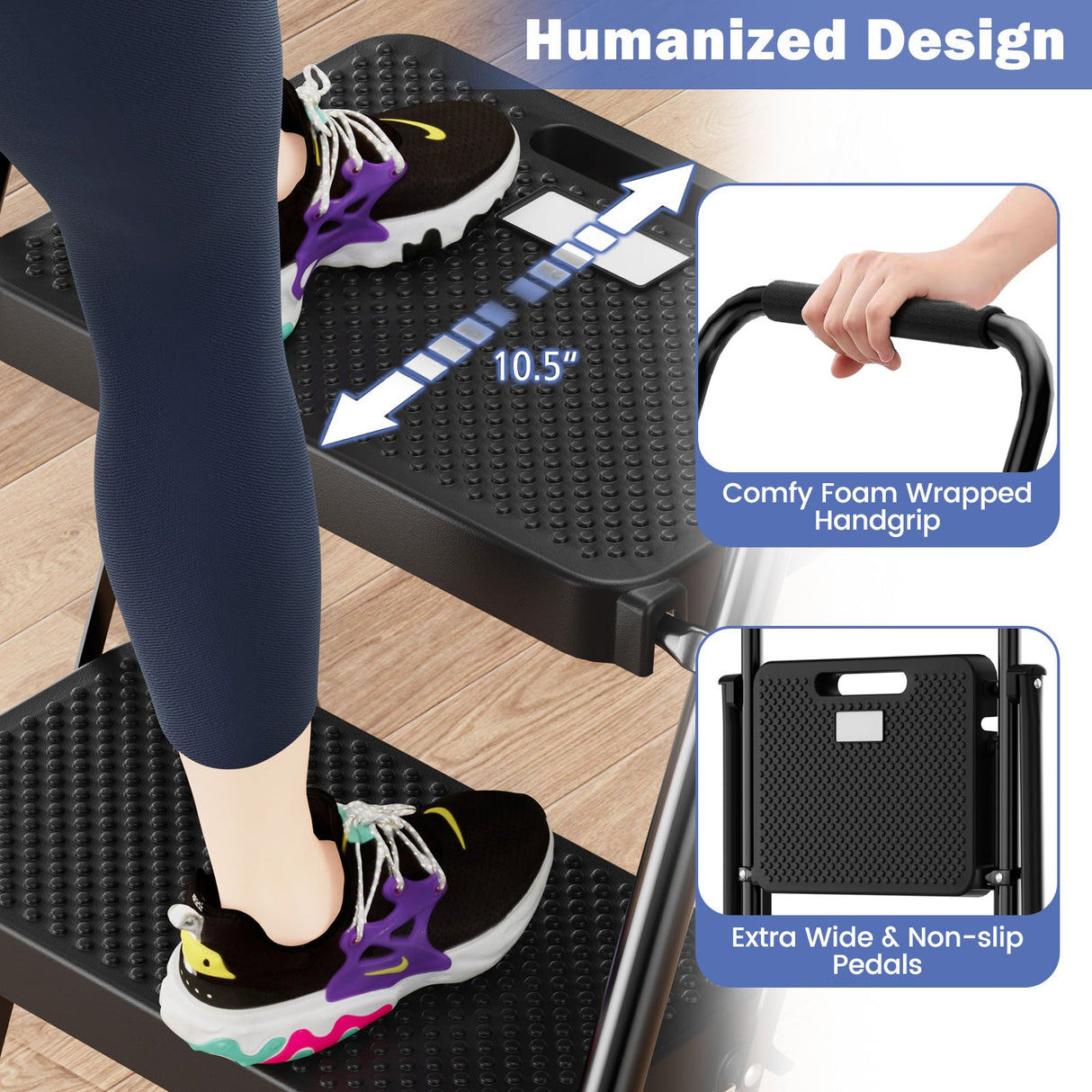 Escalera Plegable Portátil de 3 Peldaños con Pedales Anchos Antideslizantes y Asa Conveniente-Negra