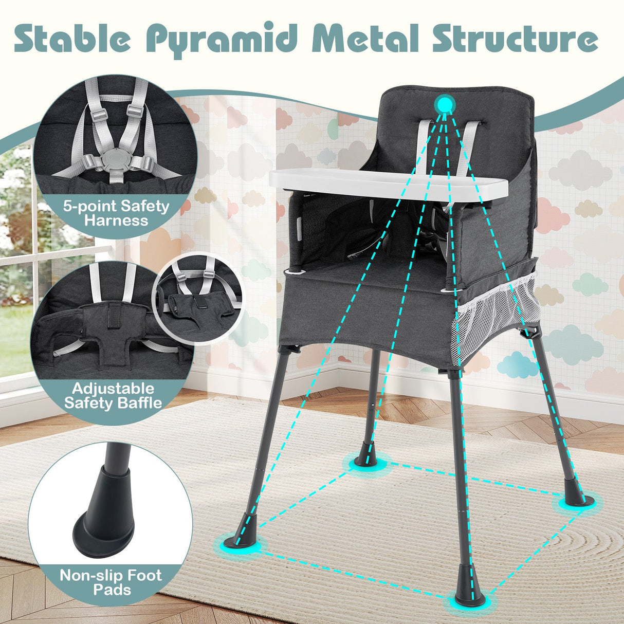 Silla alta portátil para viajes plegable con bandeja ajustable y bolsillos de malla-gris