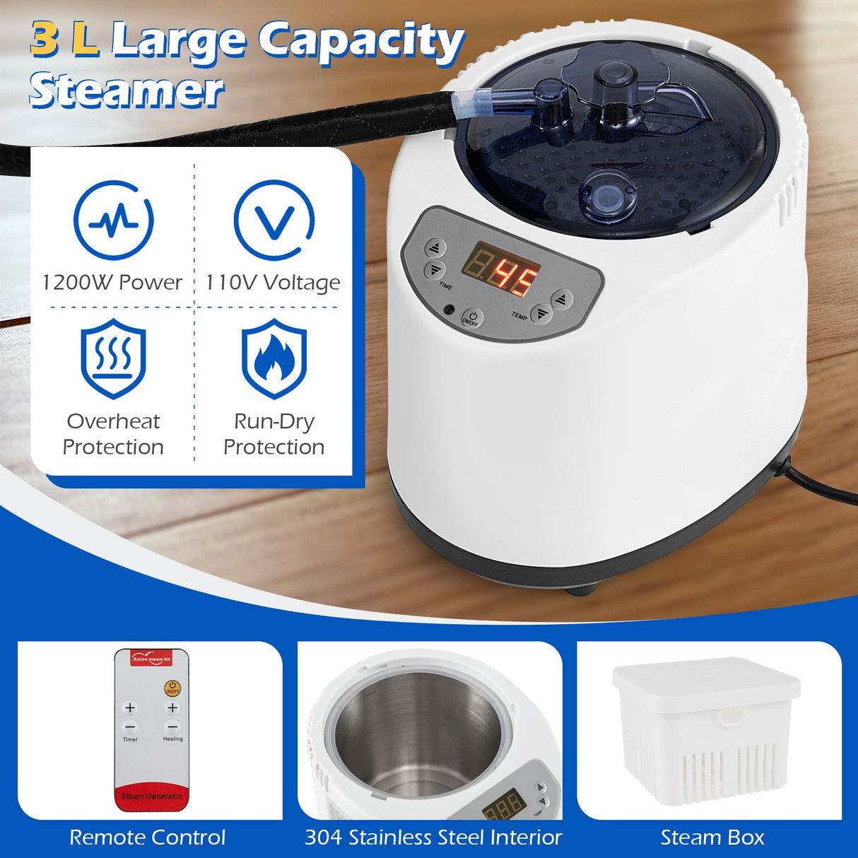 Caja de Sauna de Vapor Portátil con Vaporizador de Calentamiento Rápido de 3L/1200W y 15 Niveles de Temperatura