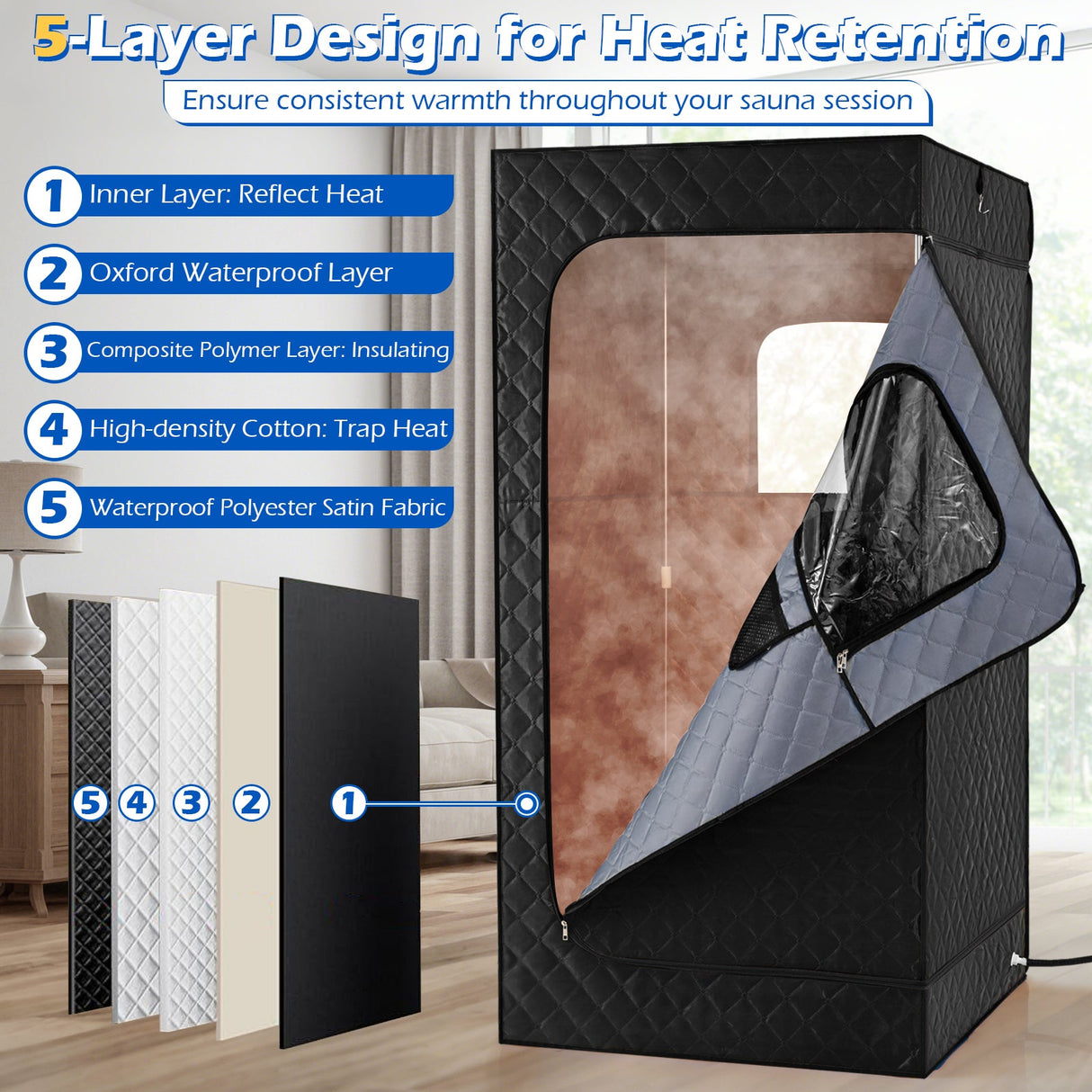 Caja de Sauna de Vapor Portátil con Vaporizador de Calentamiento Rápido de 3L/1200W y 15 Niveles de Temperatura