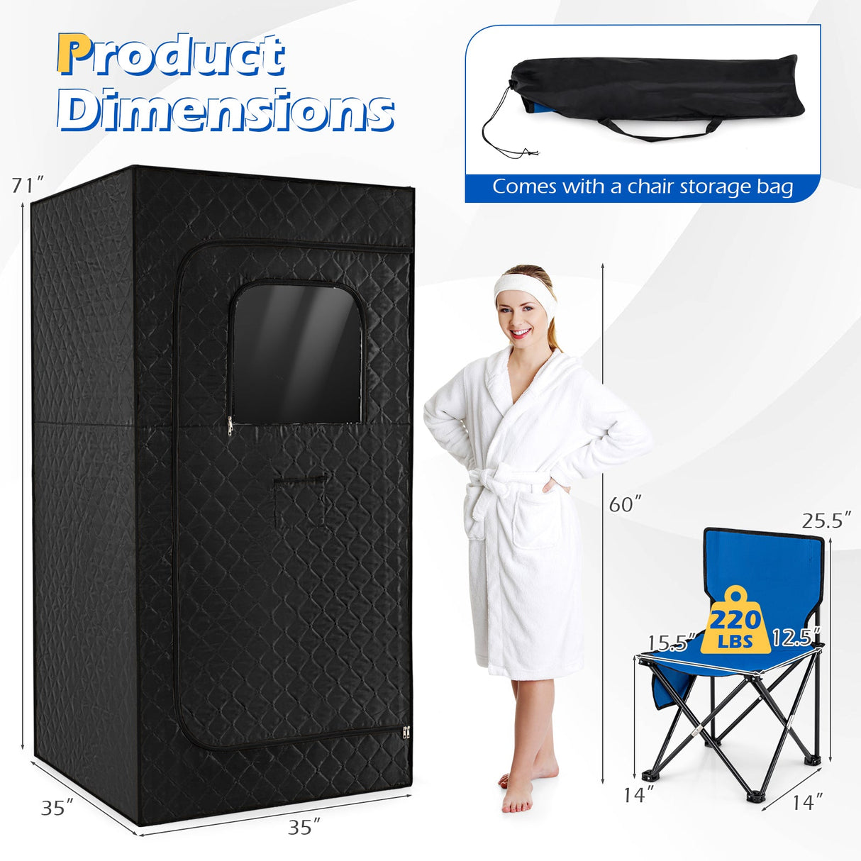 Caja de Sauna de Vapor Portátil con Vaporizador de Calentamiento Rápido de 3L/1200W y 15 Niveles de Temperatura