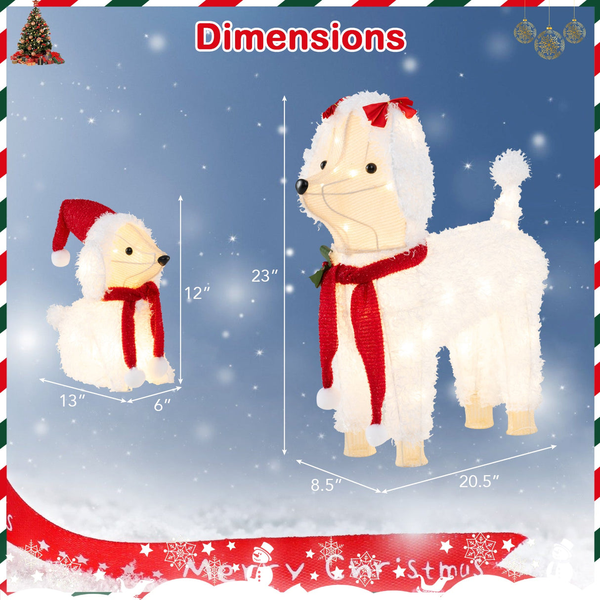 Pre-lit Mama and Baby Poodle Dogs with 60 Warm White LED Lights