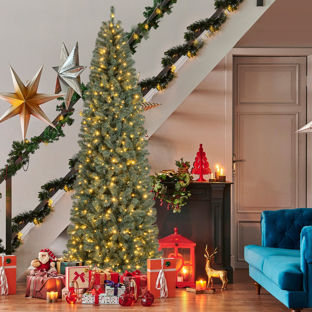 Árbol de Navidad artificial azul preiluminado delgado con 9 modos de iluminación