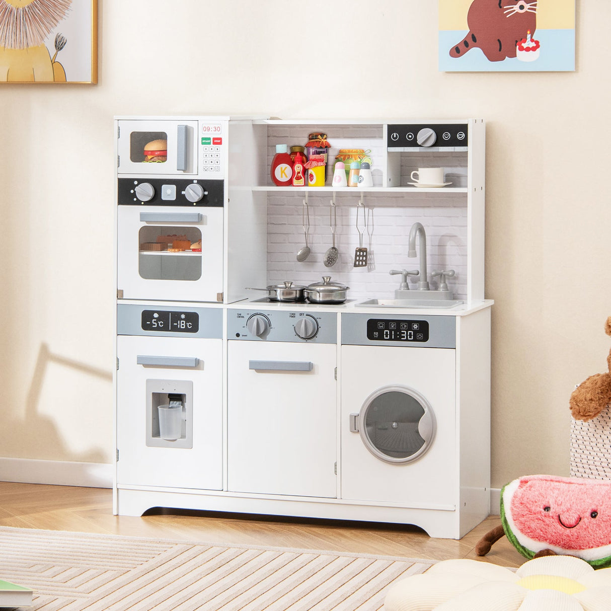 Juego de cocina de madera de juguete para simulación, juego de accesorios de cocina con luces y sonidos reales