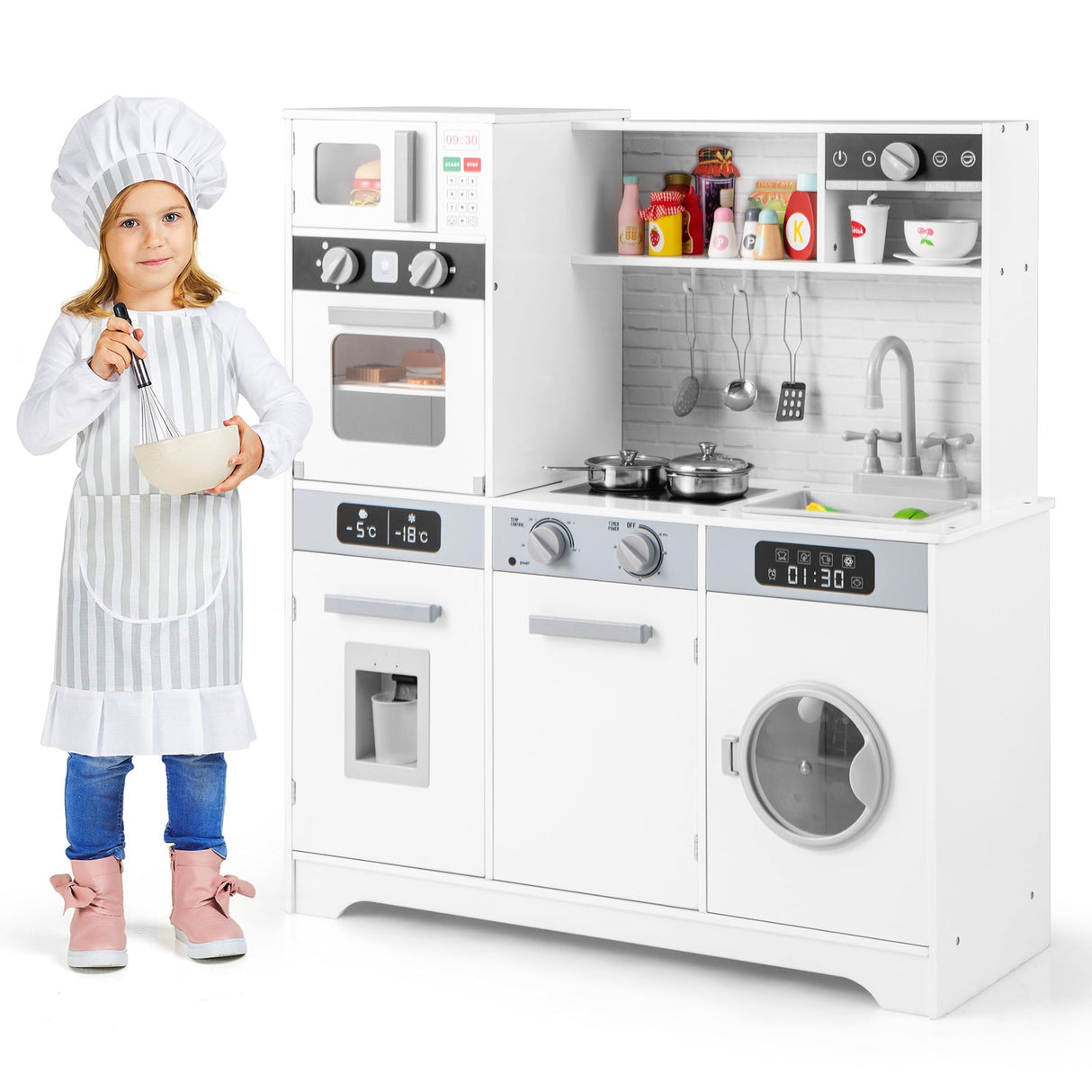 Juego de cocina de madera de juguete para simulación, juego de accesorios de cocina con luces y sonidos reales