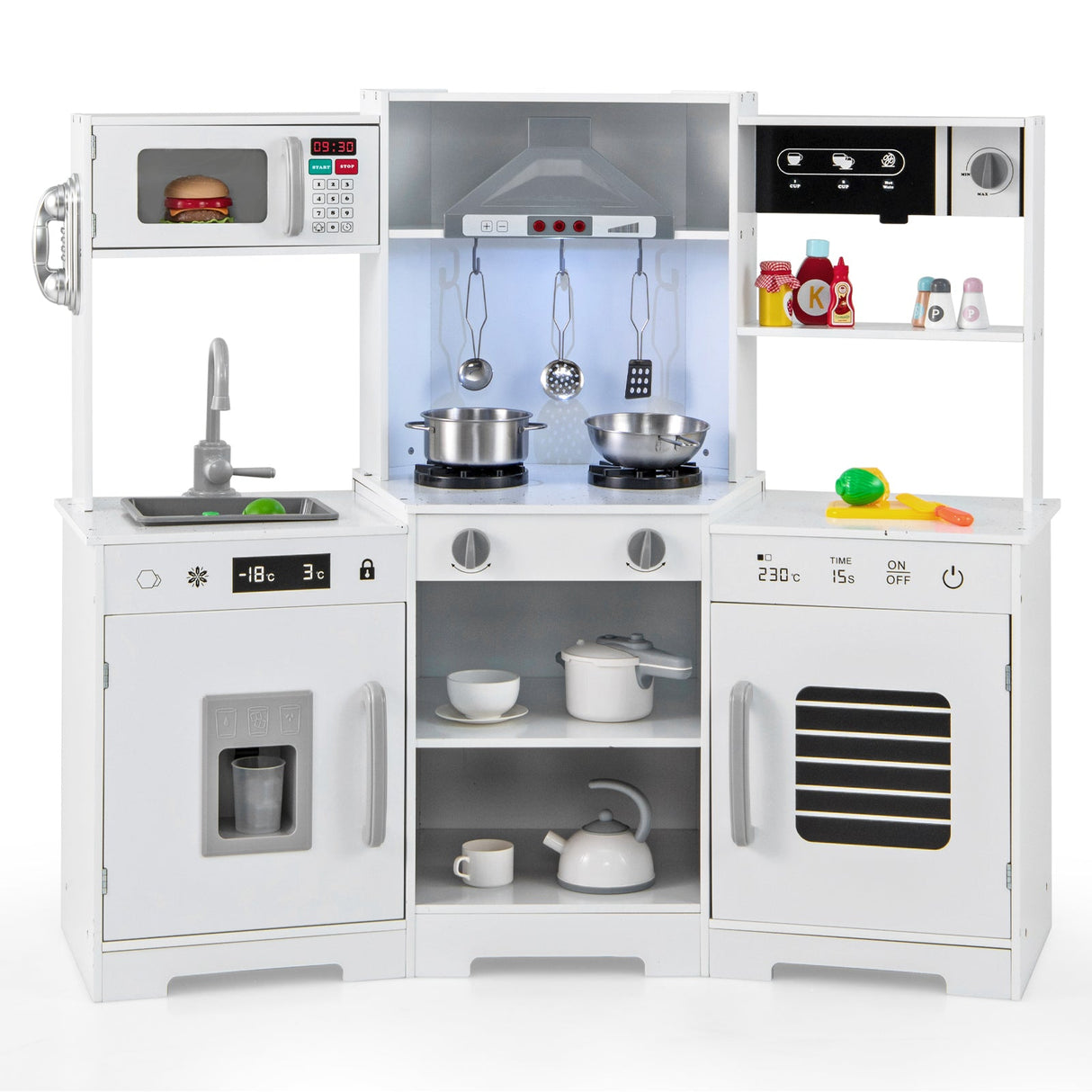 Pretend Play Kitchen Wooden Toy Set with Range Hood Real Sounds and Lights