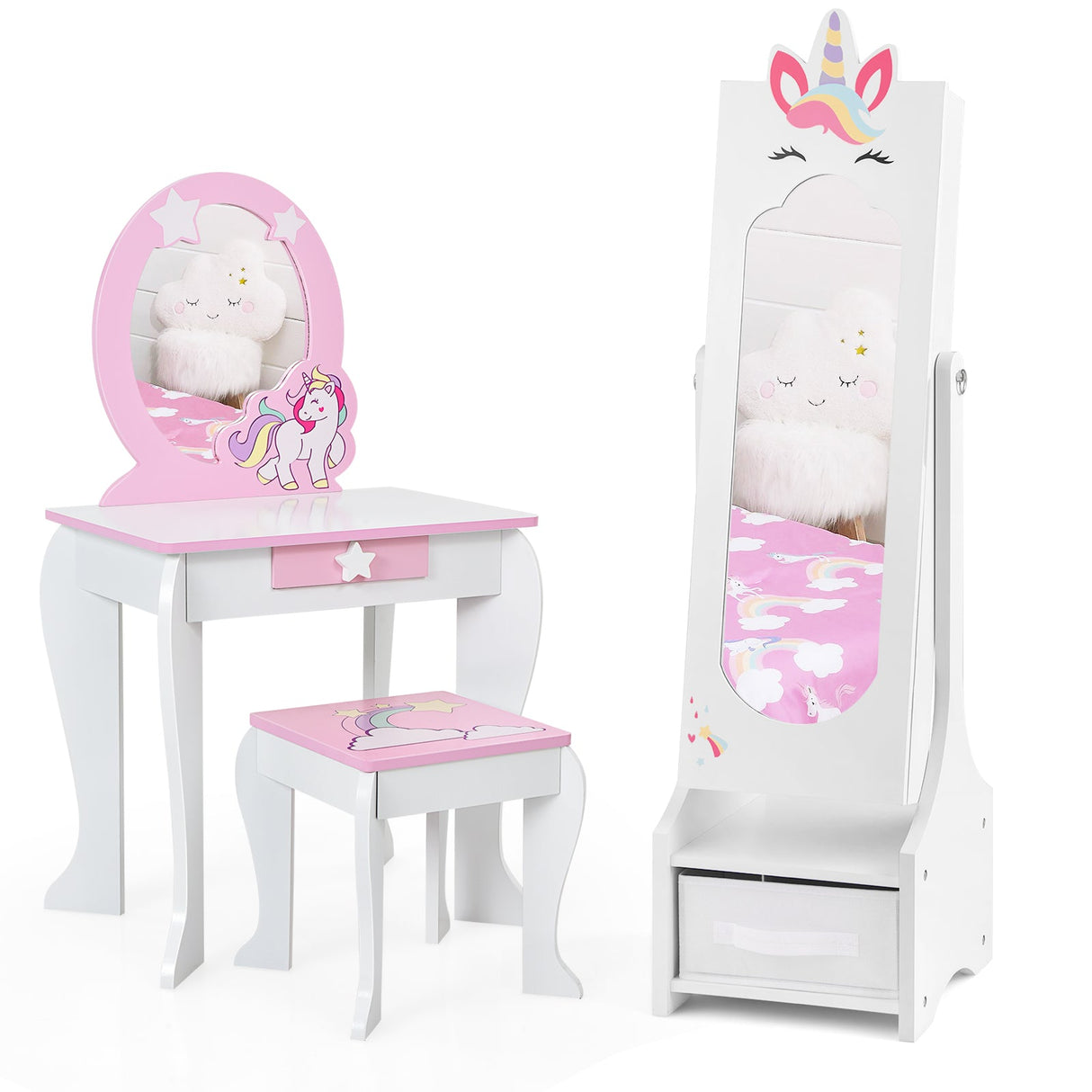 Tocador de Princesa para Niñas con Taburete, Joyero y Cajón con Espejo