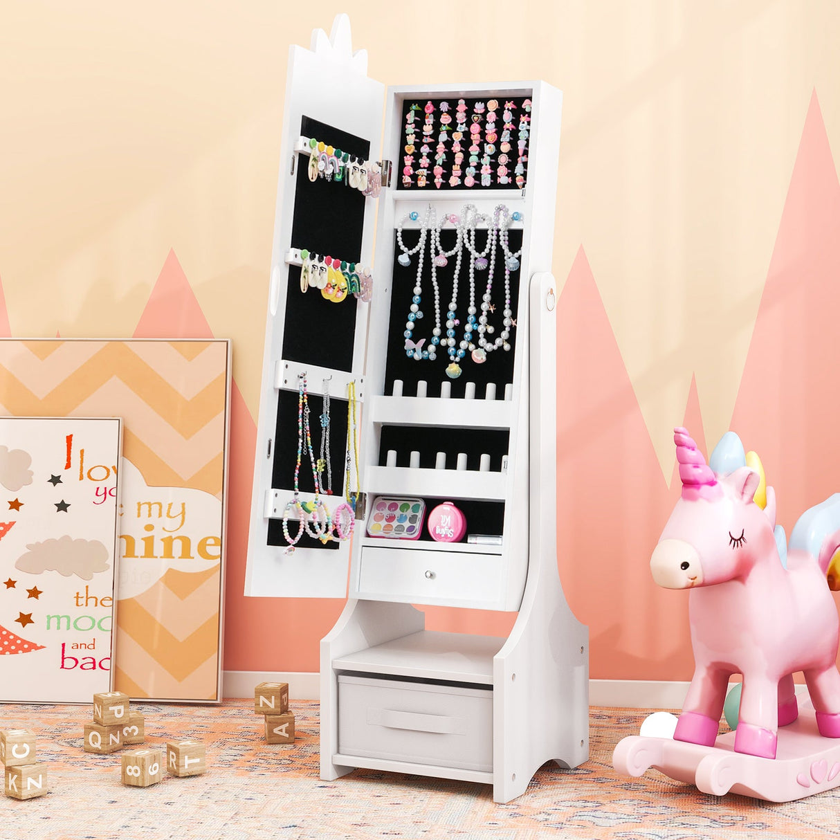 Tocador de Princesa para Niñas con Taburete, Joyero y Cajón con Espejo