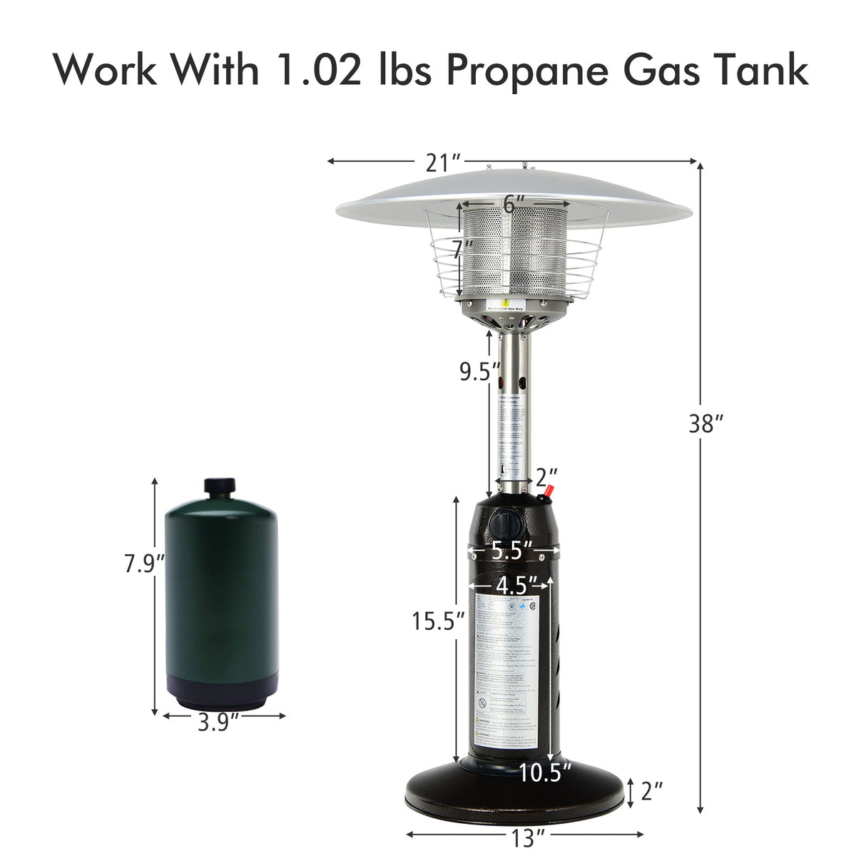 Calefactor de patio de pie portátil de mesa de propano de 11 000 BTU