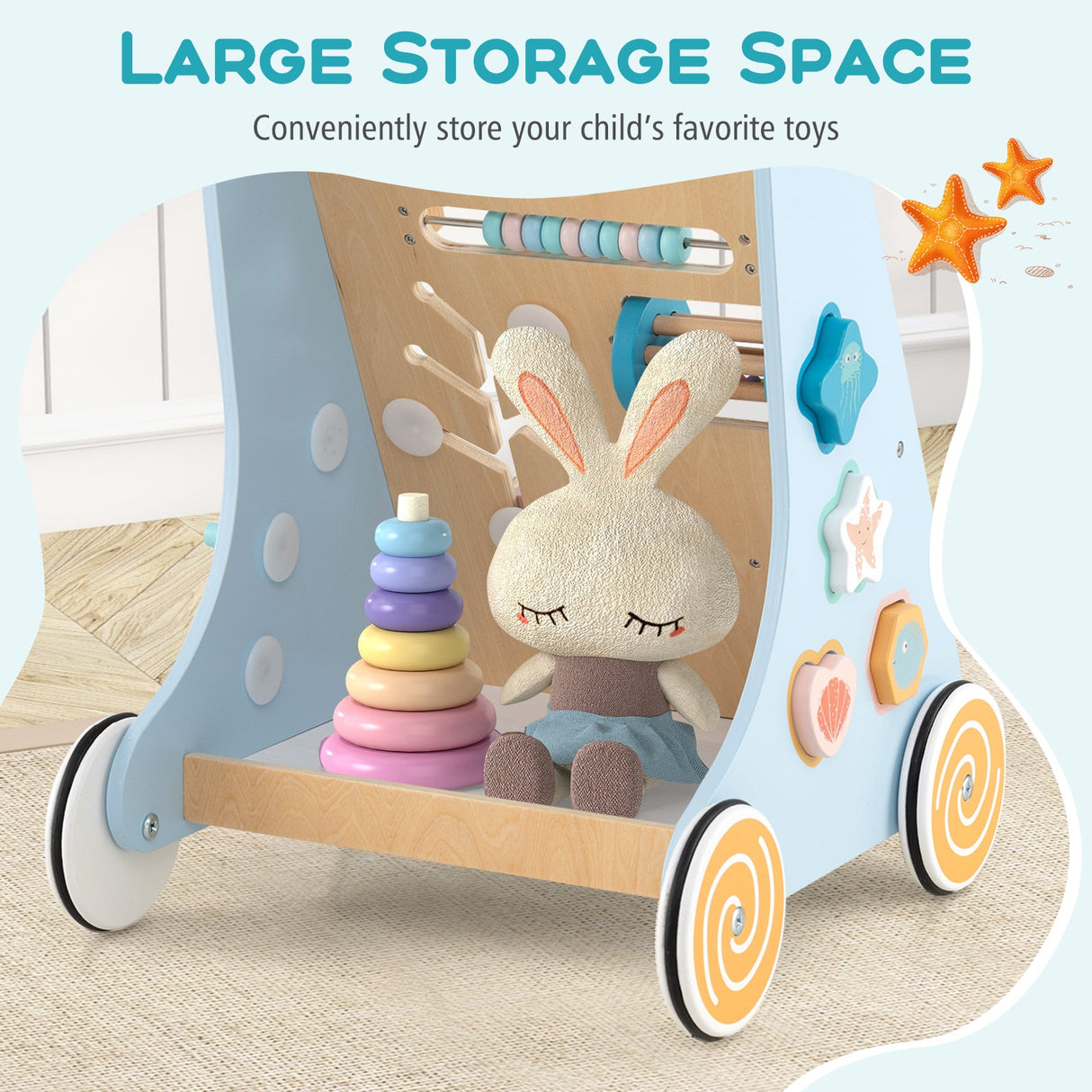 Wooden Baby Walker Push and Pull Learning Activity Center with Wheels-Blue