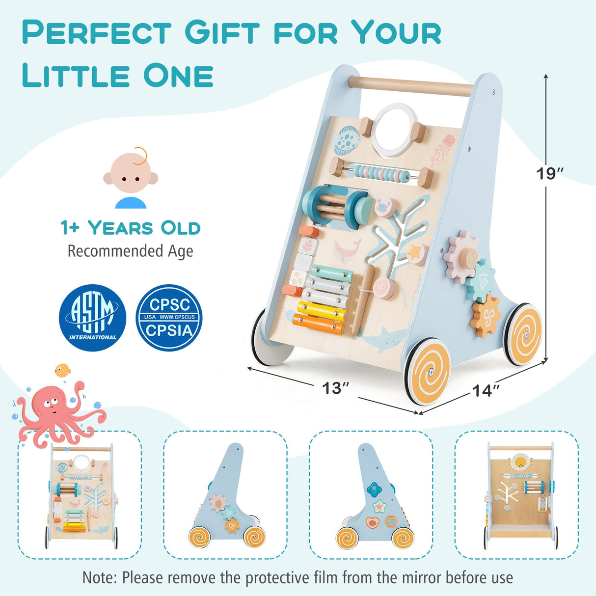 Wooden Baby Walker Push and Pull Learning Activity Center with Wheels-Blue