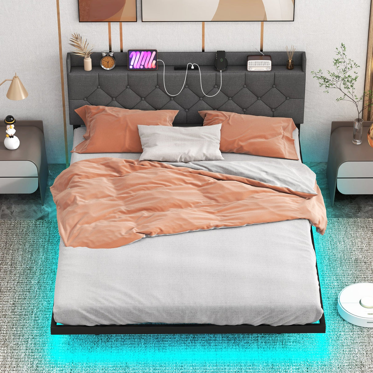 Estructura de Cama Flotante Tamaño Matrimonial/Queen con LED, Cabecera y Estación de Carga