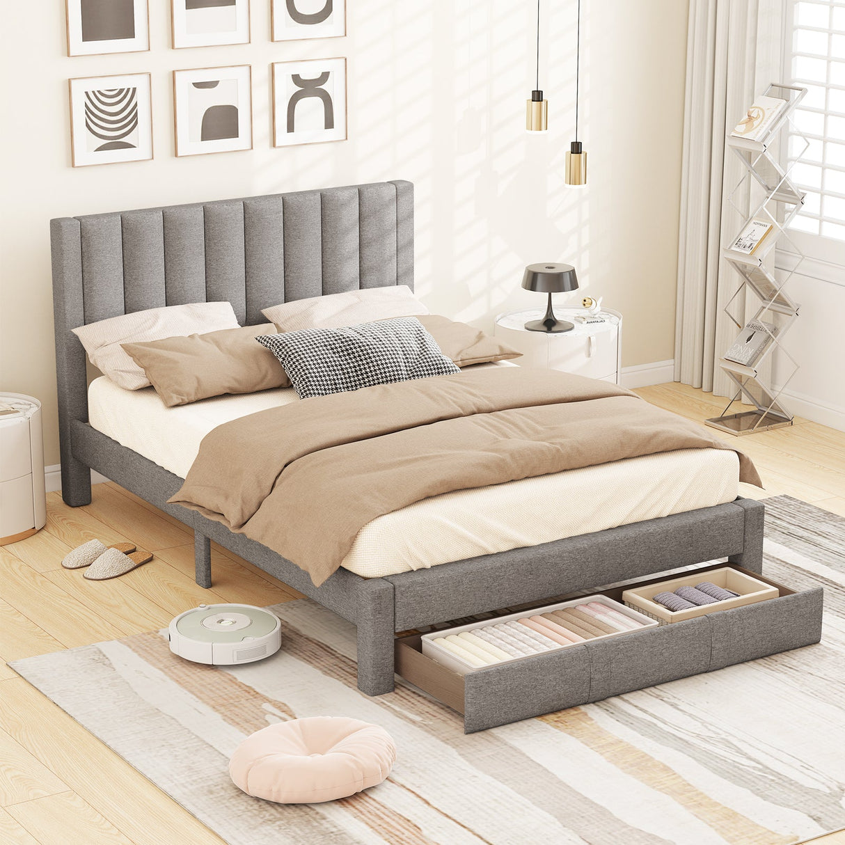 Base de cama tamaño Queen con cajón de almacenamiento y cabecero con canales verticales