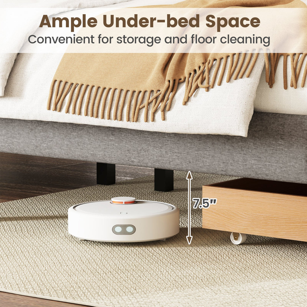 Base de cama tamaño Queen con cajón de almacenamiento y cabecero con canales verticales