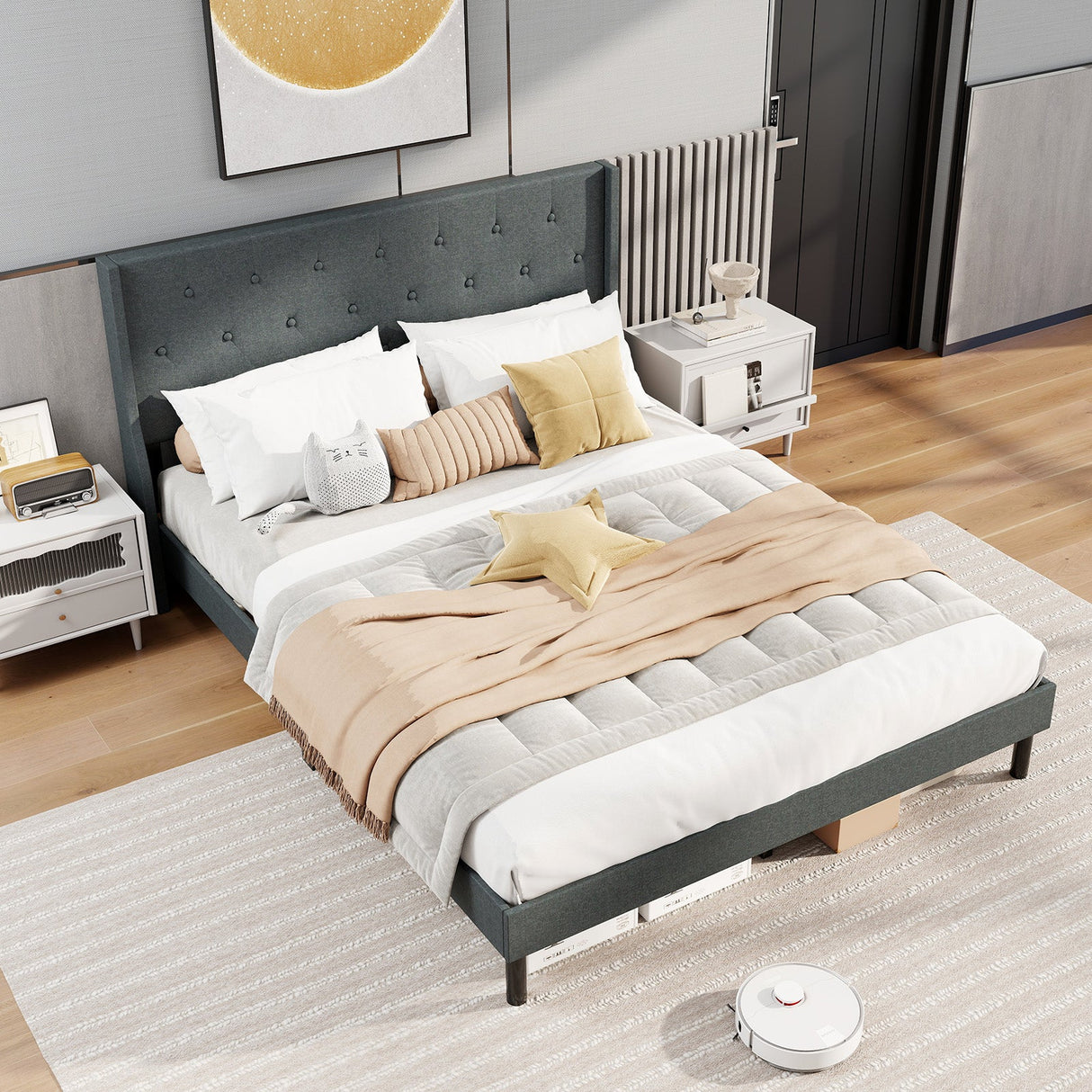 Base de cama tapizada Queen Size con cabecero capitoné con alas y soporte de listones de madera para colchón - Gris