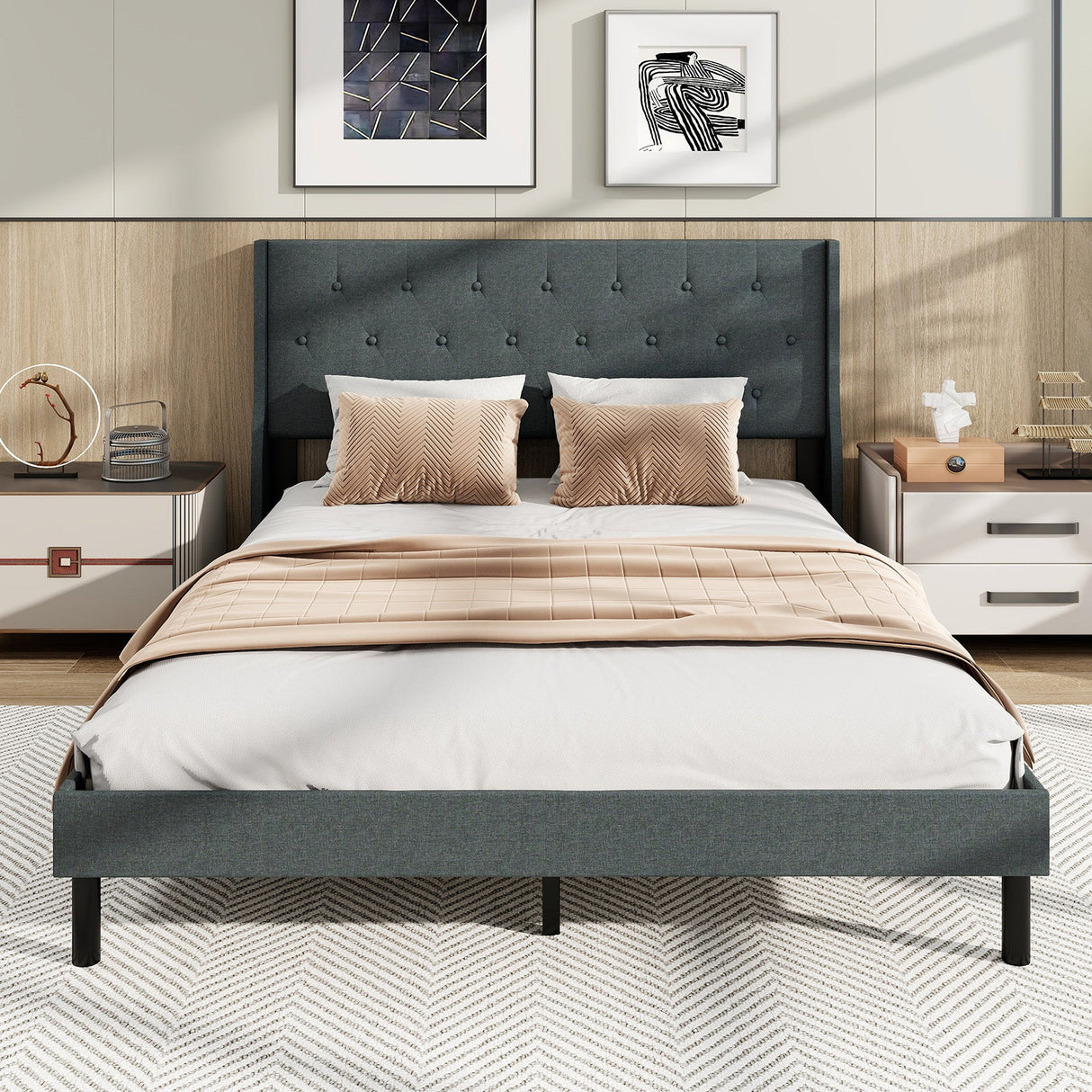 Base de cama tapizada Queen Size con cabecero capitoné con alas y soporte de listones de madera para colchón - Gris