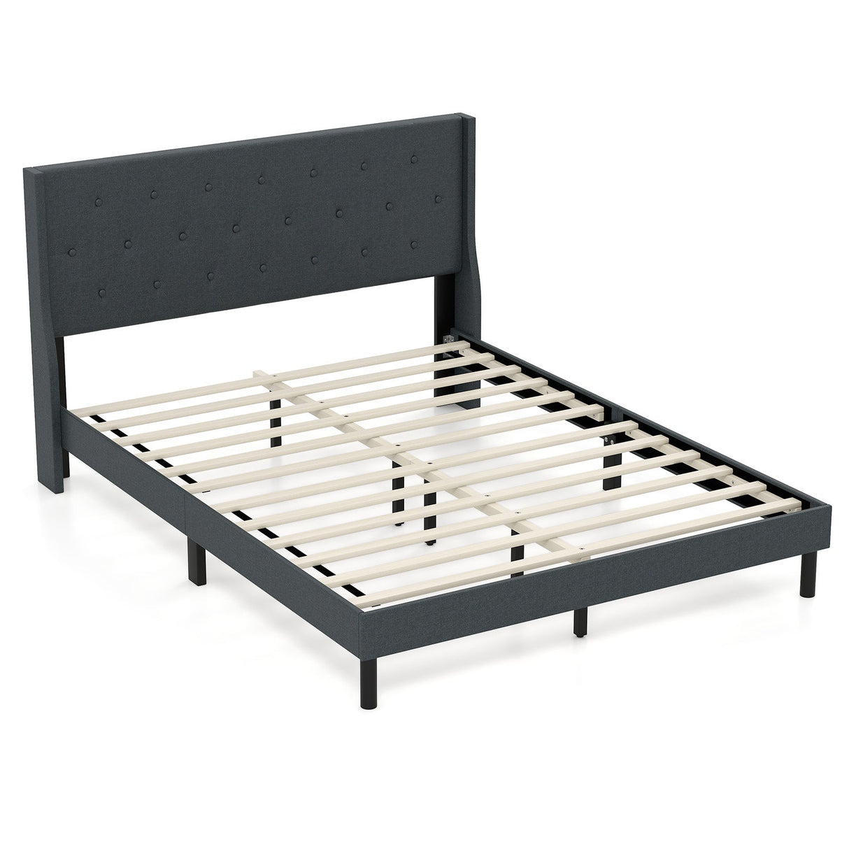 Base de cama tapizada Queen Size con cabecero capitoné con alas y soporte de listones de madera para colchón - Gris