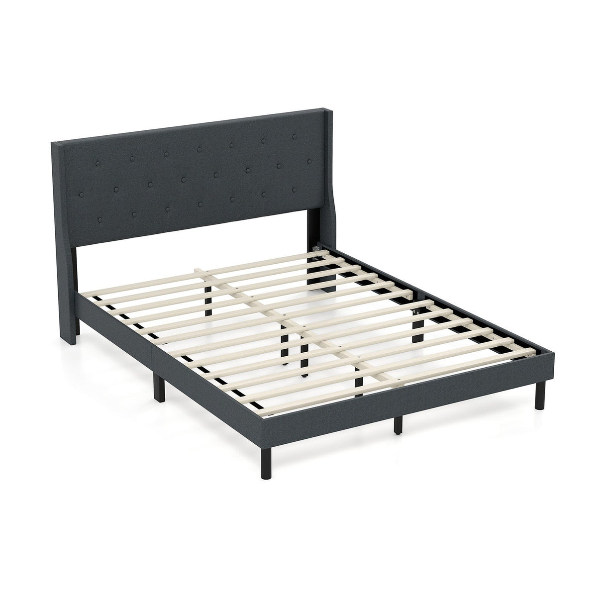 Base de cama tapizada Queen Size con cabecero capitoné con alas y soporte de listones de madera para colchón - Gris