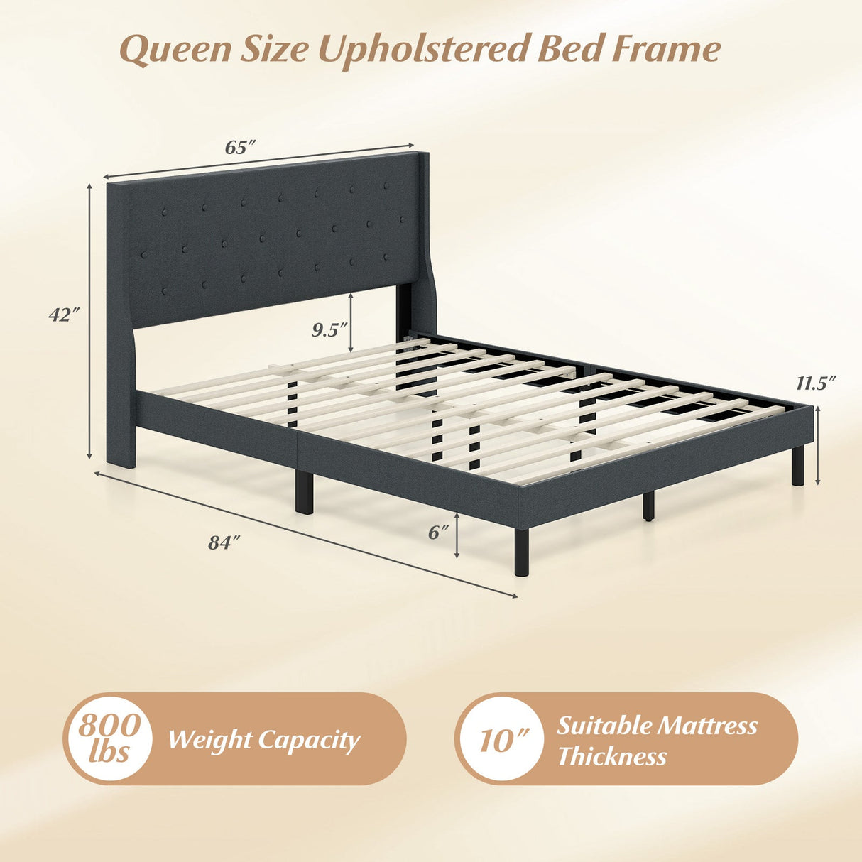 Base de cama tapizada Queen Size con cabecero capitoné con alas y soporte de listones de madera para colchón - Gris