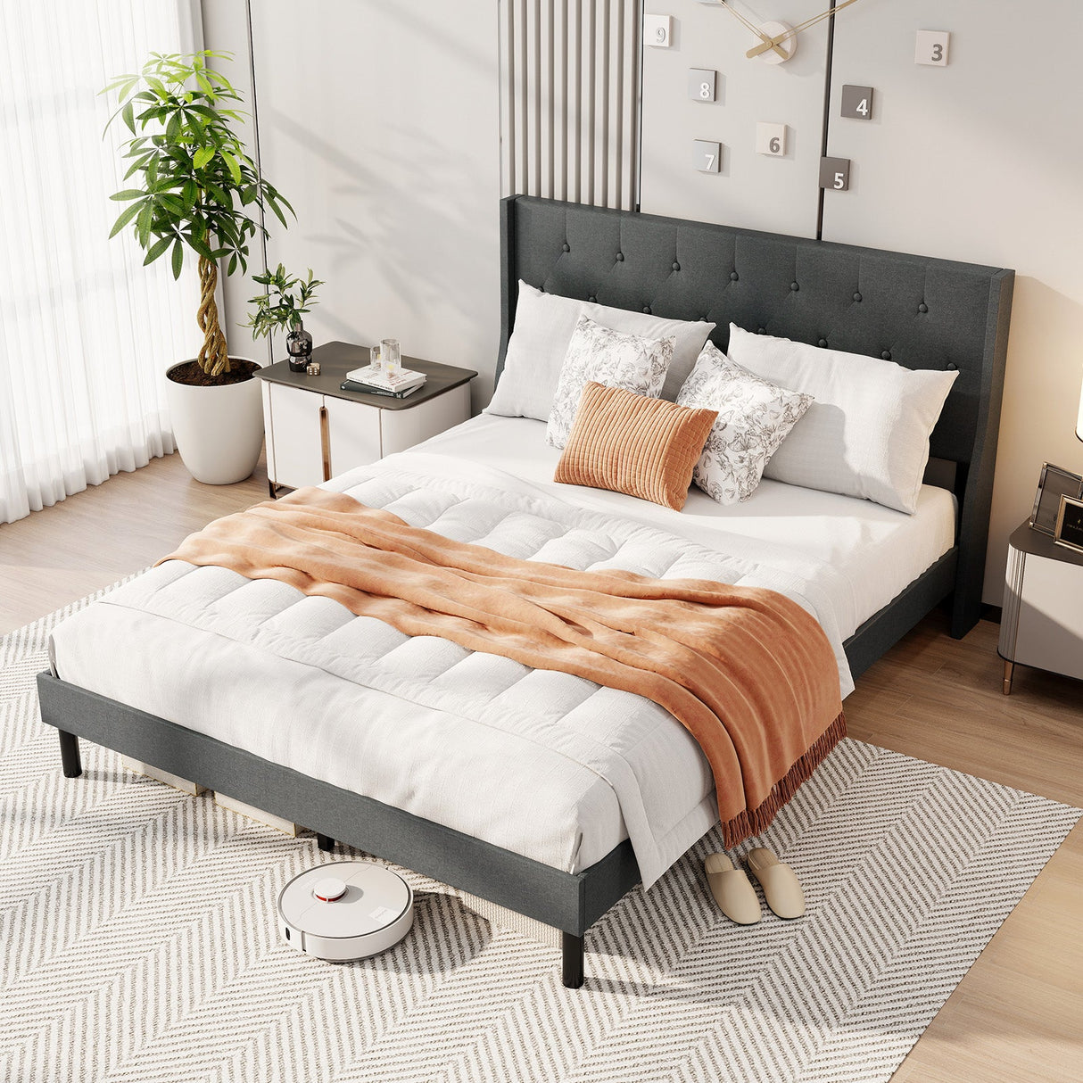 Base de cama tapizada Queen Size con cabecero capitoné con alas y soporte de listones de madera para colchón - Gris